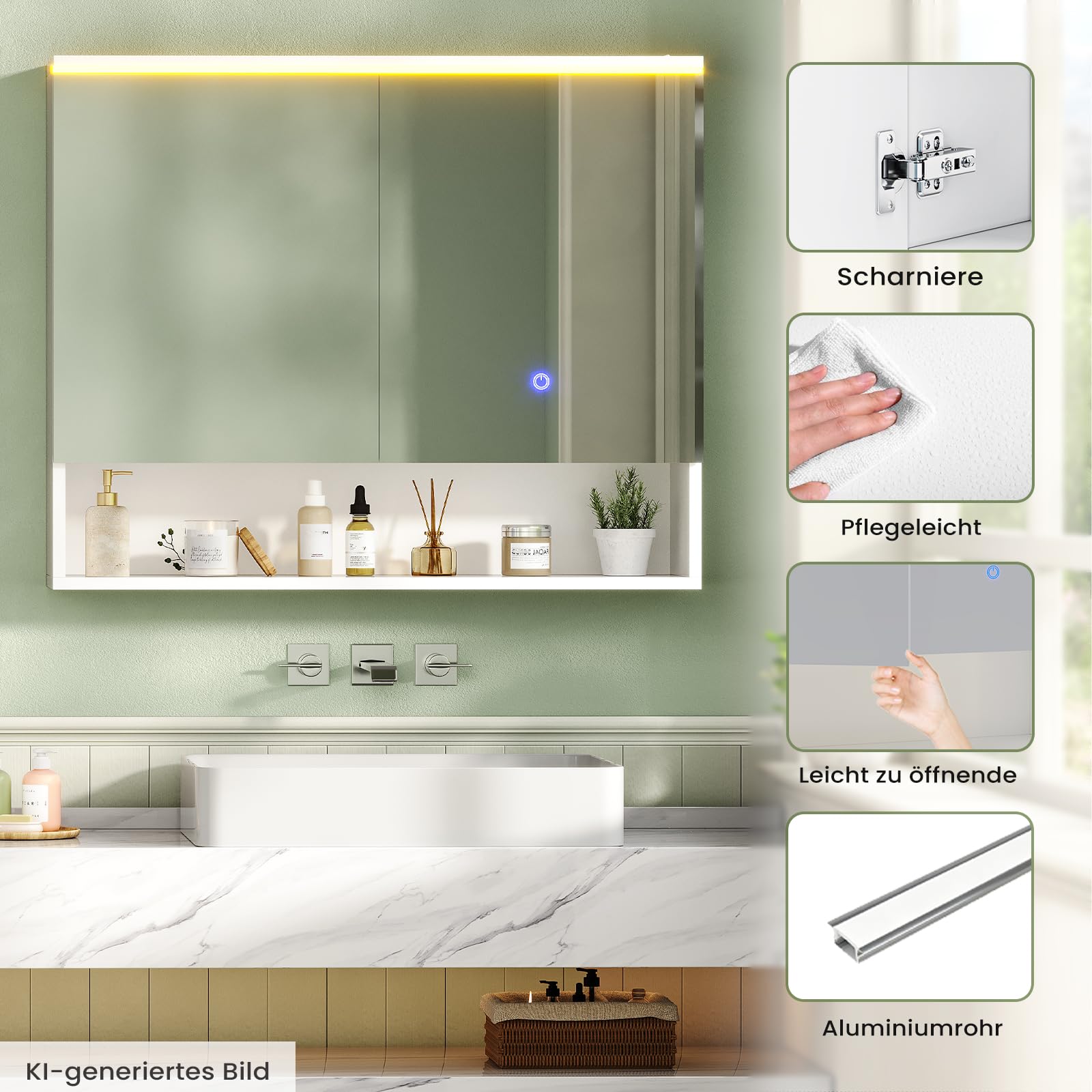 Spiegelschrank Bad mit LED-Beleuchtung und Steckdose 80 cm Breit | Doppeltür Badschrank mit HD Spiegel, Verstellbaren Ablagen, Offenes Regal, Badezimmerschrank, Wandschrank 80 x 19,5 x 75.5 cm