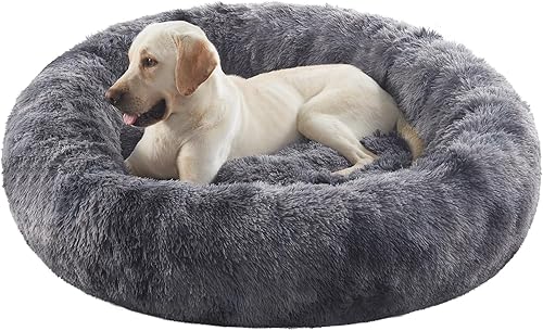 Miniatura 21 de Cama redonda con forma de dona de 36 pulgadas para perros grandes, cama redonda calmante y esponjosa para mascotas con funda extraíble y lavable, se