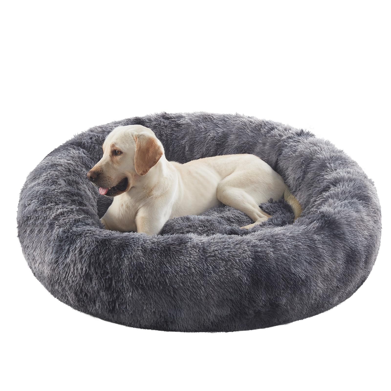 BedStill 45 inches Donut Dog Bed for Extra Large Dogs,Calming Fluffy Round Jumbo Pet Bed with Removable & Washable Cover, Fits up to 120 lbs Pets (Tie-dye Grey,XL)