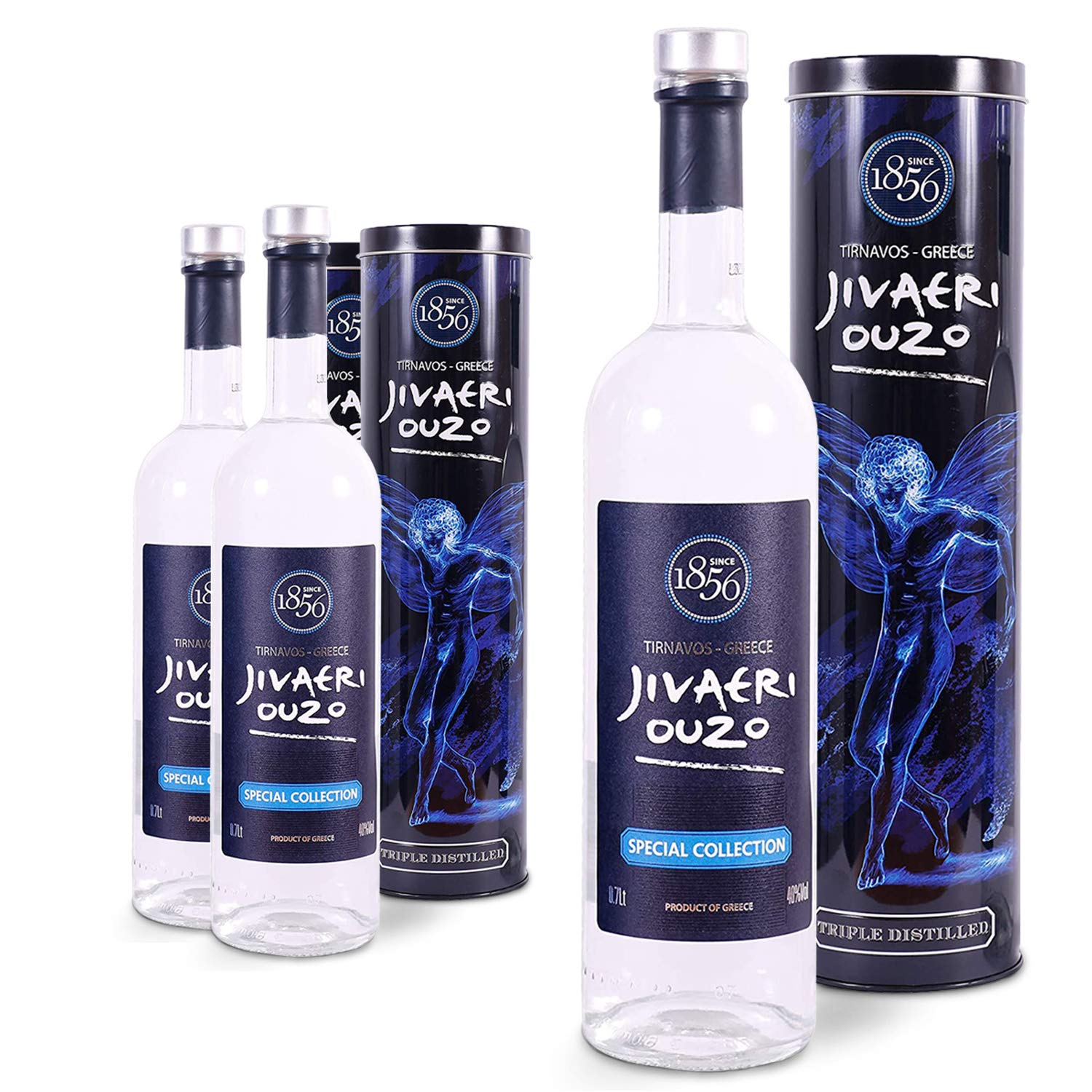 Ouzo Jivaeri Special Collection 3x 0,7l - 40% Vol. - 3fach destilliert - Älteste Ouzo Destillerie der Welt - Edle Alu Geschenkbox