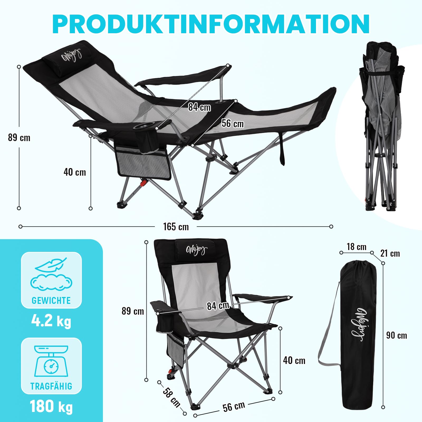 #WEJOY 2-in-1 Campingstuhl Faltbar 180kg mit Fußstütze,Strandstuhl mit 4-Fach Verstellbarer Rückenlehne, Liegestuhl Relaxsessel Liege mit Getränkehalter,Campingstuhl für Camping Outdoor Schwarz/Grau