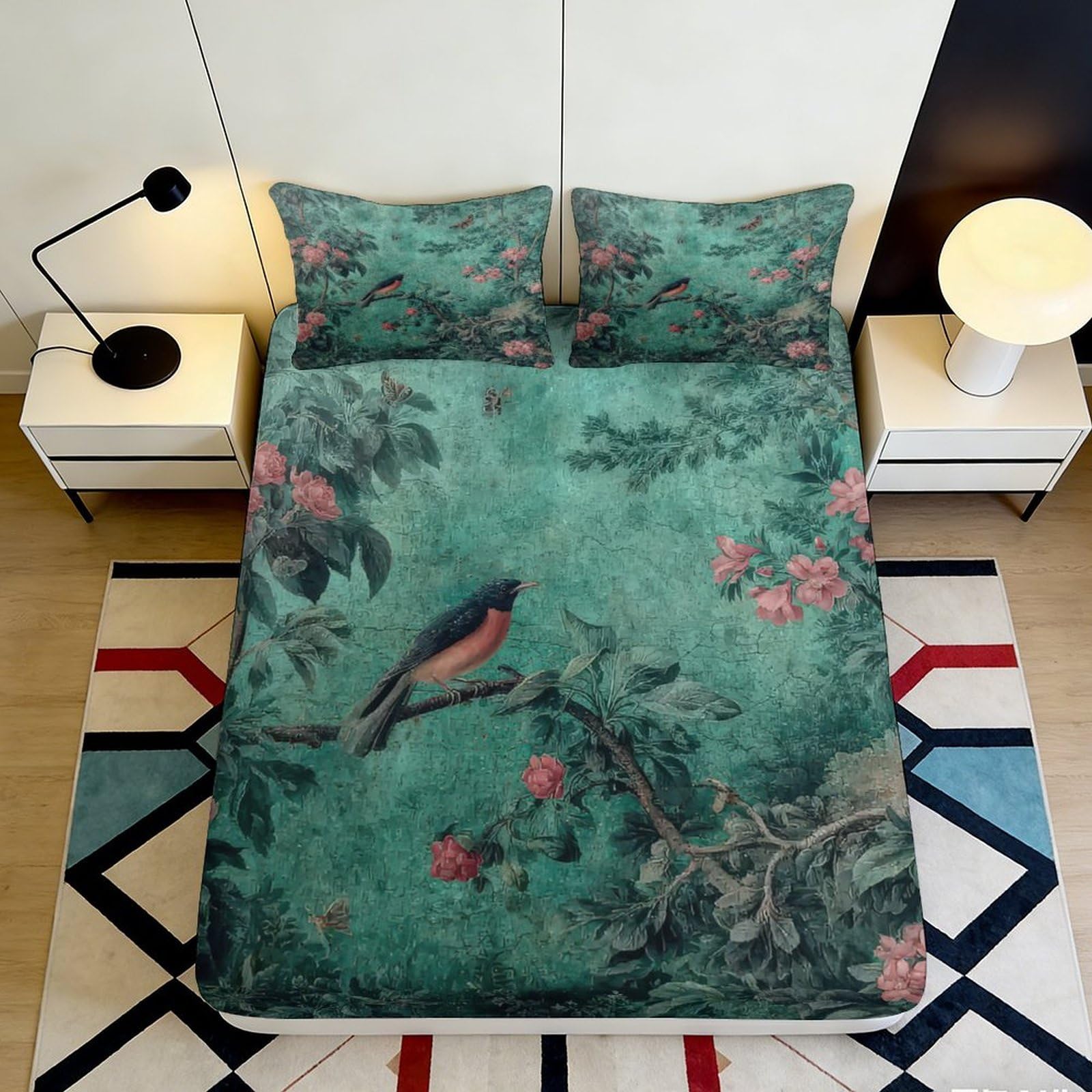 3D Printed Forest Bird Fitted Sheet Microfiber Deep Pocket Bedroom Bedding Non-Slip Forest Bird Mattress Fitted Cover 90x200x25cm