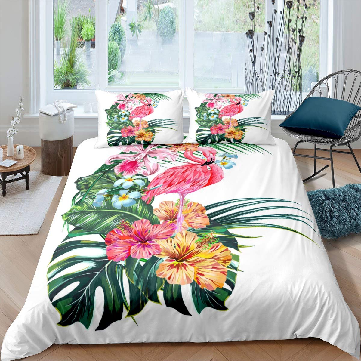 Copripiumino Fenicottero Tropicale - Set Blu E Rosa Con 2 Federe, Microfibra, Per Letti Singoli/Doppi - Foto 8