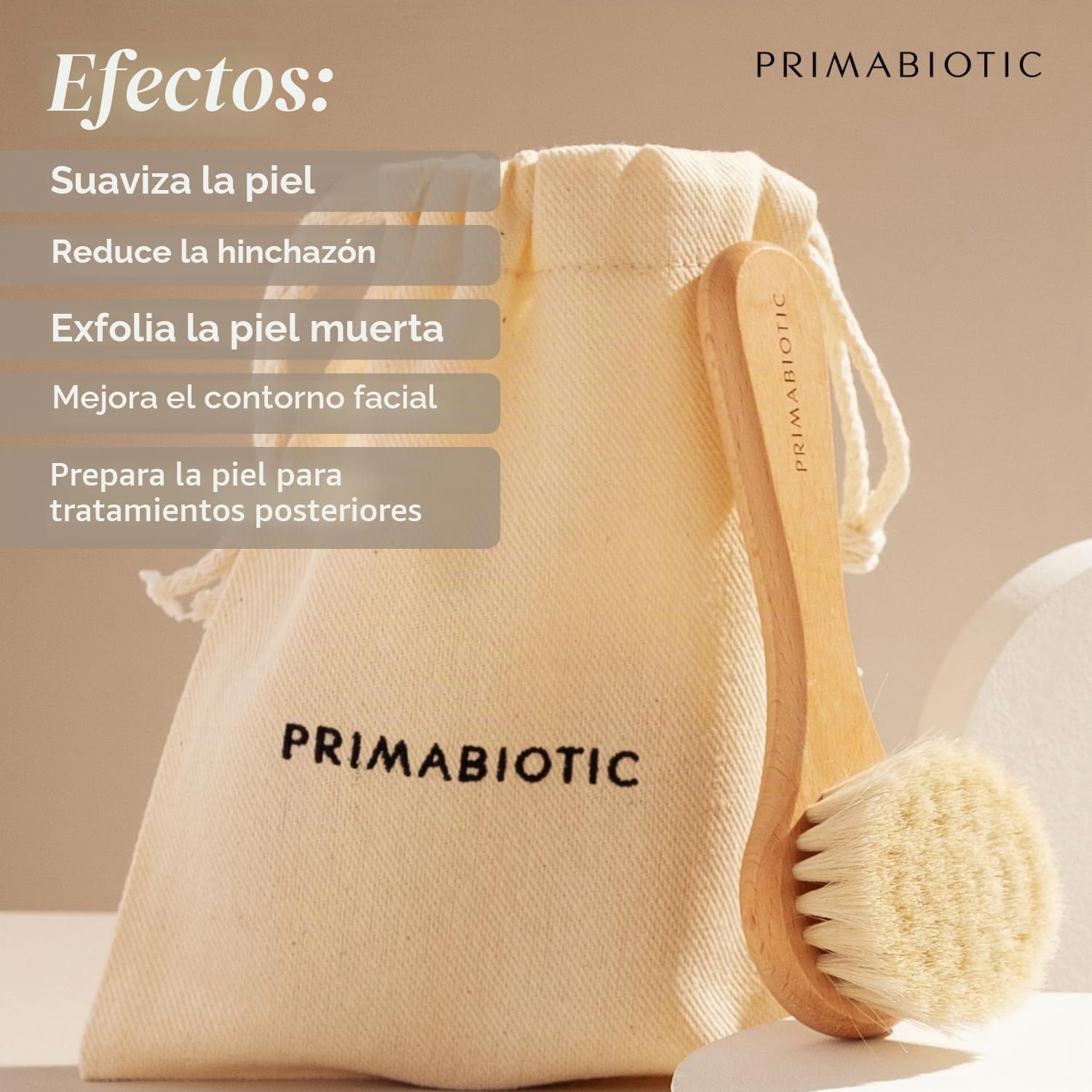 Primabiotic Cepillo de Masaje Facial de Madera de Roble y Pelo de Cabra para Limpieza Seca Natural