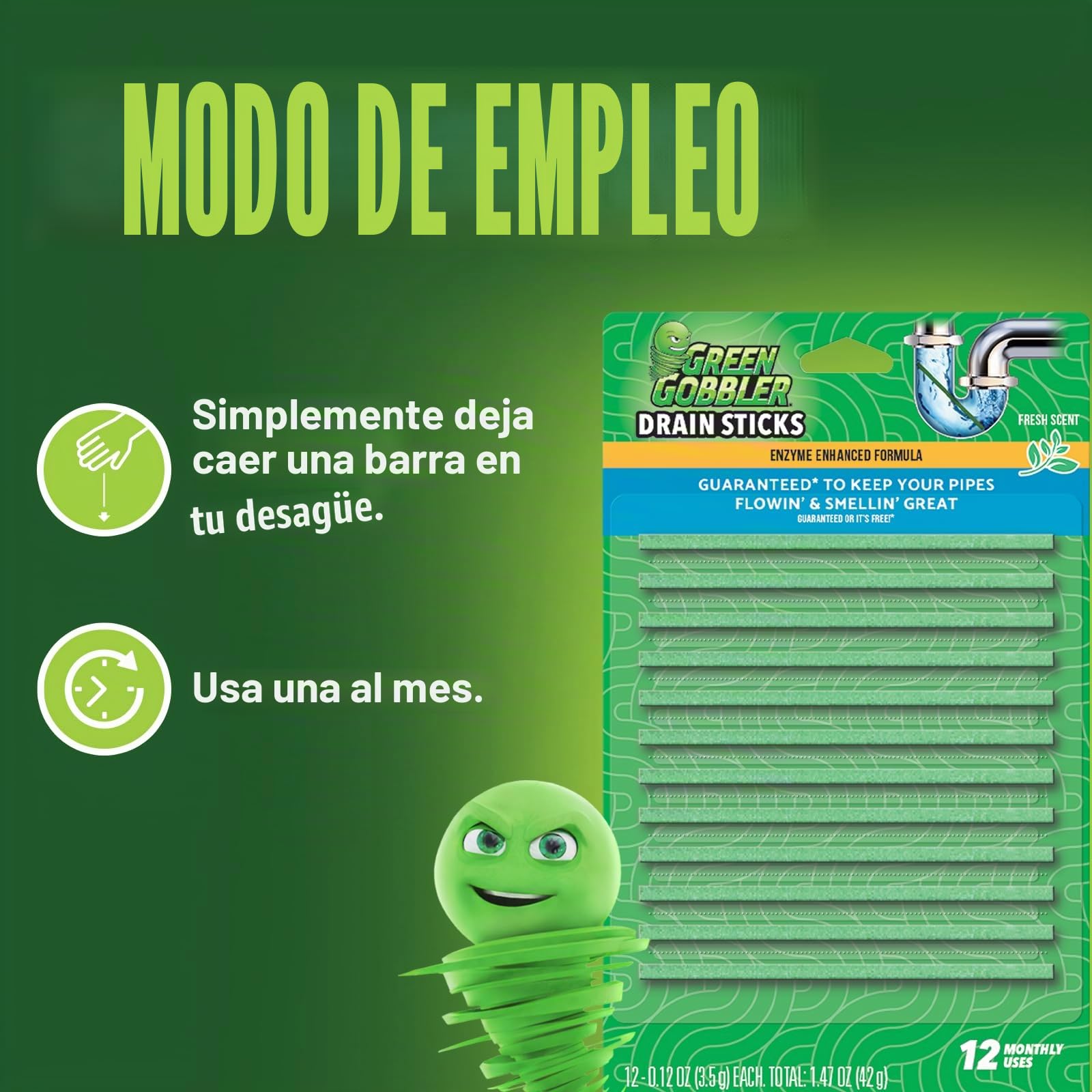 Green Gobbler Tiras-12-de flujo de bio (limpiador de drenaje y desodorante), 12 pac