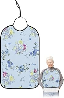 Kewadony Adult Bibs for Elderly Women - Flower and Bird Waterproof Dining Clothing Protectors with Crumb Catcher for Eating/Feeding, Spring Floral Light Blue Terry Cloth Bib Machine Washable