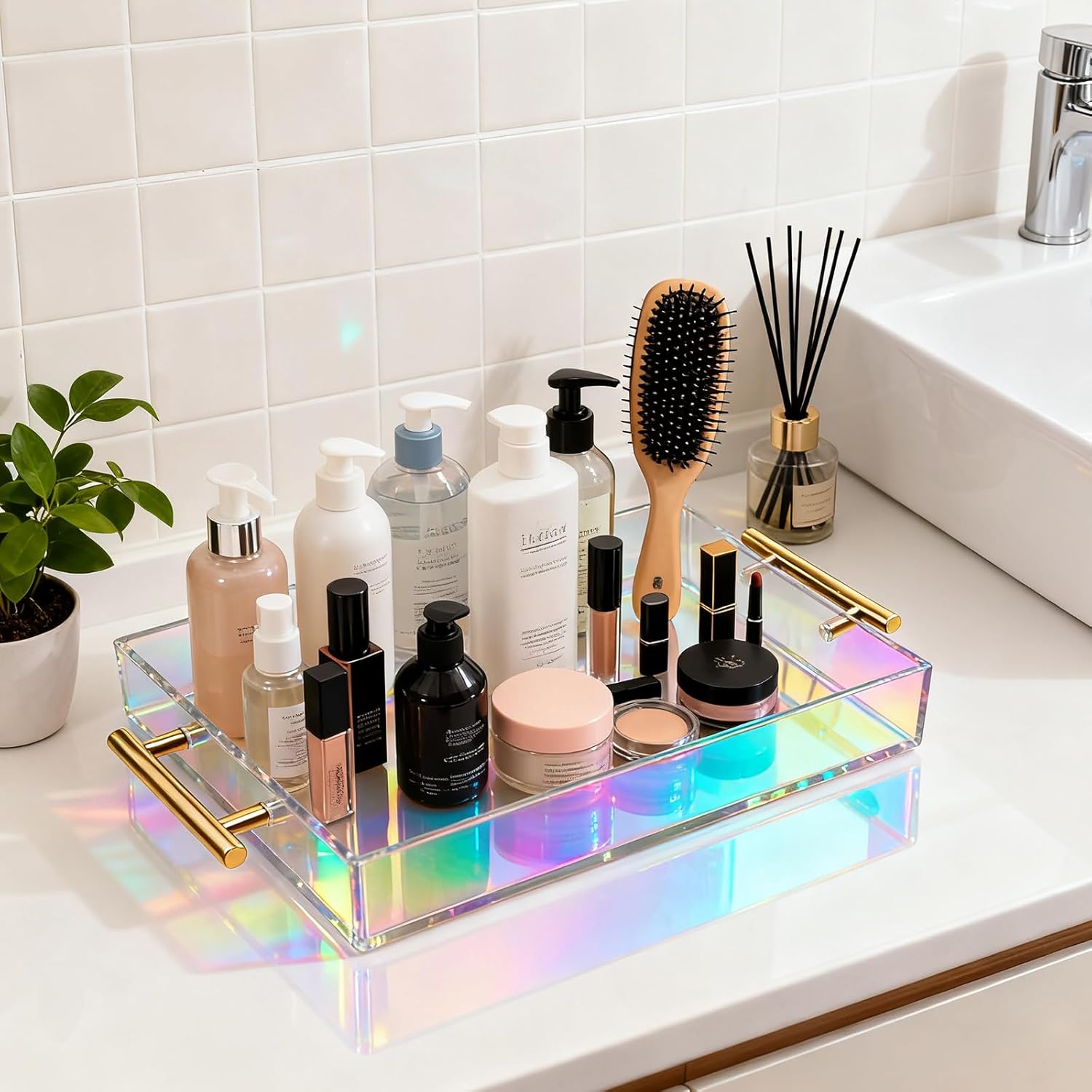Acrylic Serving Tray with Handles Large Ottoman Food Decorative Tray for Coffee Table Tea Fruit Snack Kitchen Bar Platter, 17x13’’, Iridescent Rainbow
