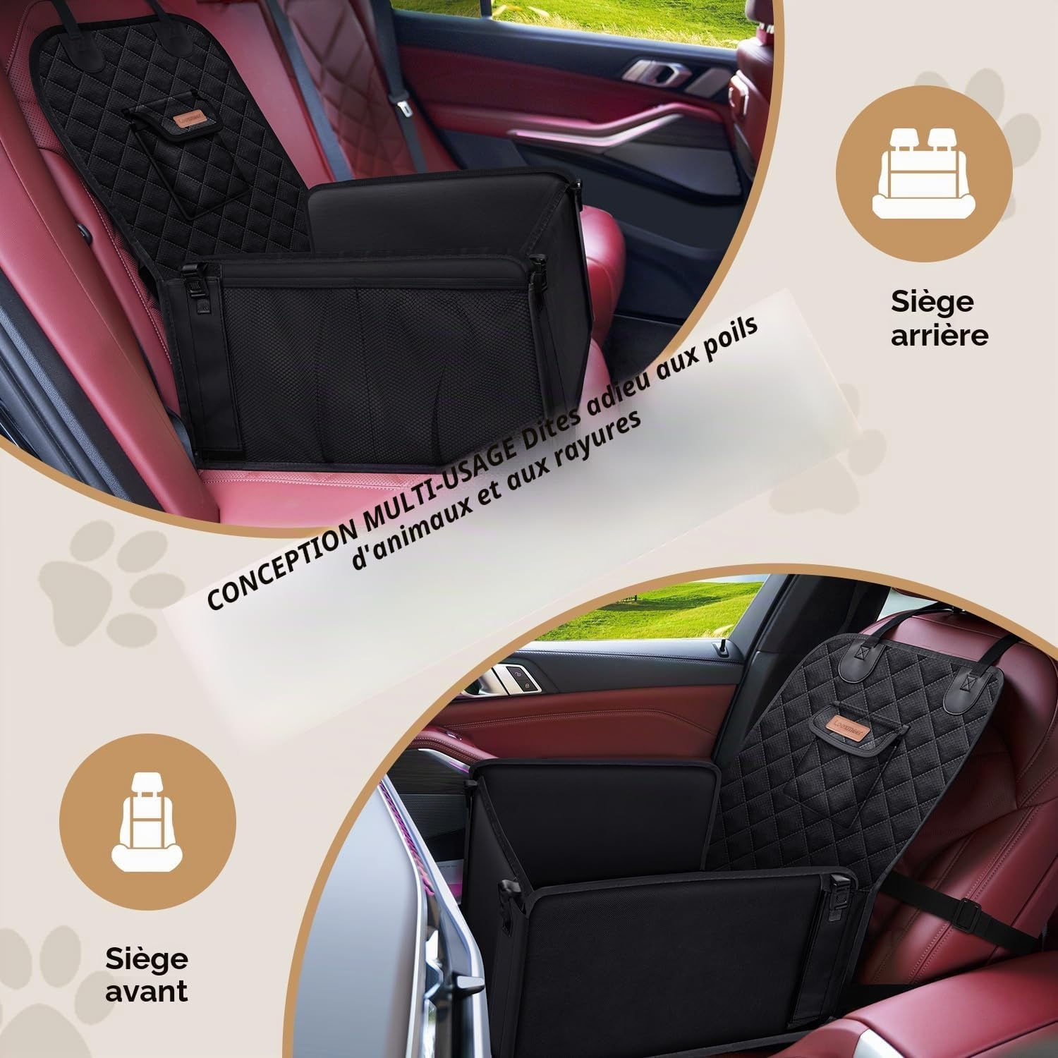 Siège Auto Chien Sécurisé Imperméable et Anti-Griffes, Filet de Rangement et Ceinture Sécurité Adjustable, Installation Facile sur Siège Passager pour Chiens de Petite et Moyenne Taille, Noir