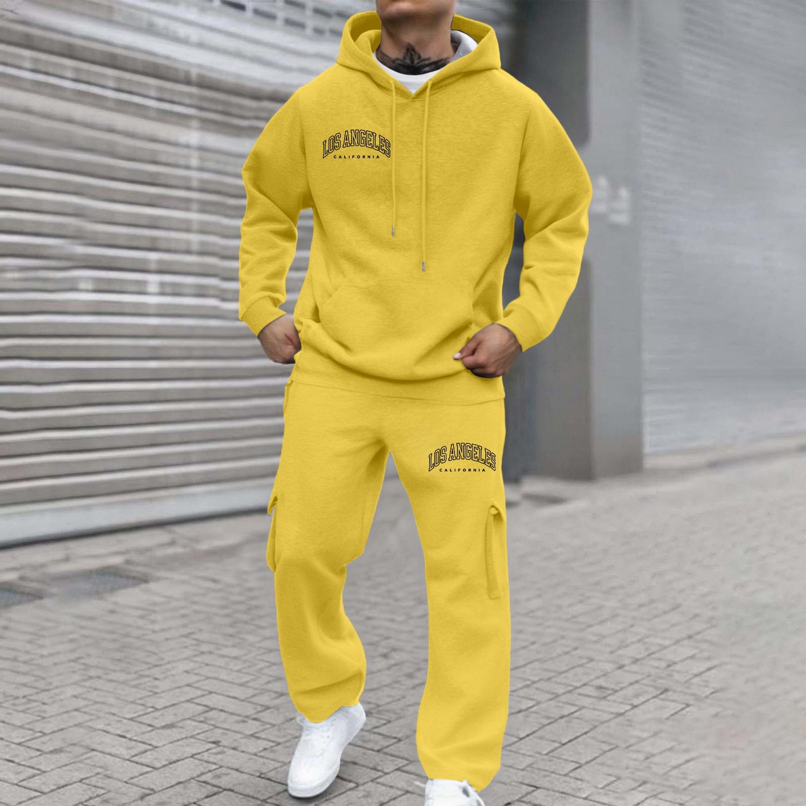 Tuta da uomo con cappuccio stampata, abbigliamento casual, comodo maglione da jogging, elegante outfit in due pezzi abbinato
