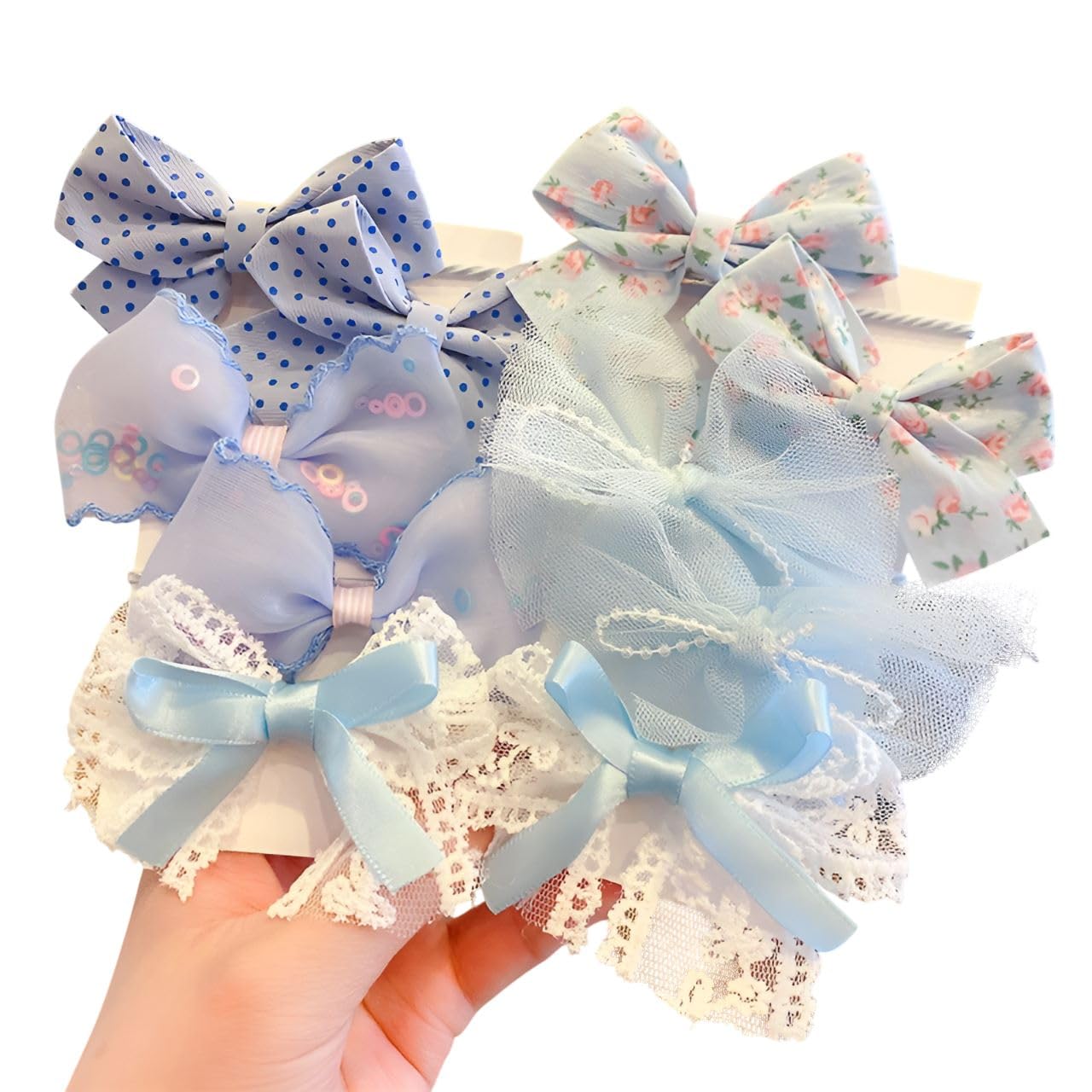 SYGA 10 Pcs Floral & Lace Bow Hair Tie Rope Set for Girls & Women - Sweet Princess Style Hair Accessories (Blue)-picture-10