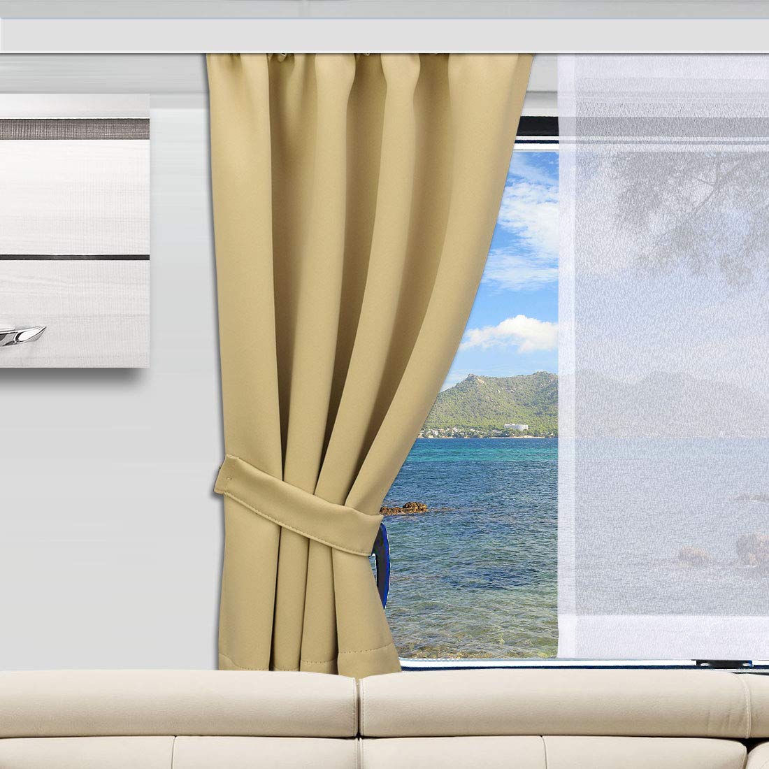 Wohnmobil-Gardine Mattis beige, Höhe 40-80 cm x Breite 70-140 cm | Maßgefertigt, Verdunklungs-Vorhang, Reihband, Blickdicht, Für Caravan & Wohnwagen