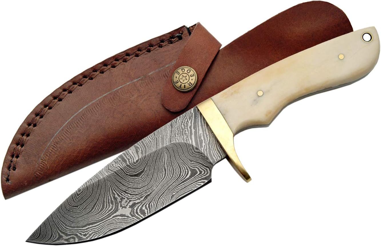 SZCO Full Tang Hunting Knife 9 Inch - Skinner Knife with Bone Handle, Damascus Steel Blade & Sheath - Pocket Knife for Camping, Hunting & Outdoor uses - Knives for Men