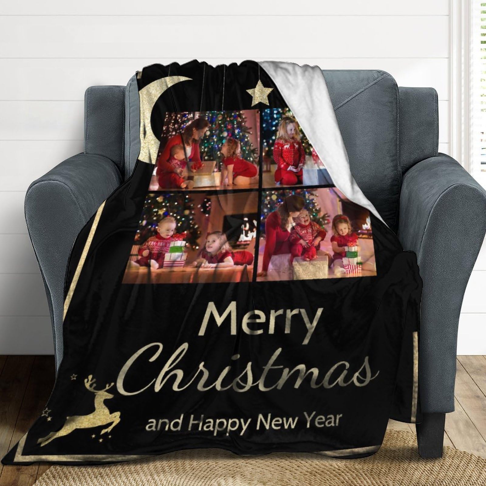D-Story Custom Blanket with Photos Text, Personalized Picture Blankets, Customized Merry Christmas Throw Blanket for Family, Dad, Mom, Kids, Gifts for Birthday Christmas