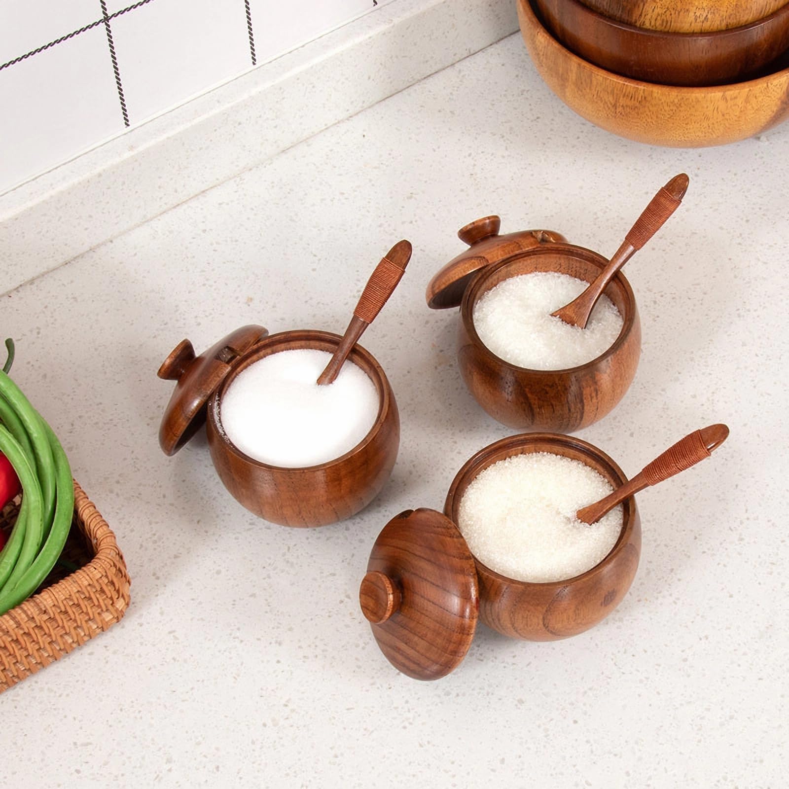 Walfront Holz Gewürztopf Set, 3 Holz Gewürzbehälter, Salzbehälter für Kaffee Zucker Gewürze Kräuter Küche Theken Salz