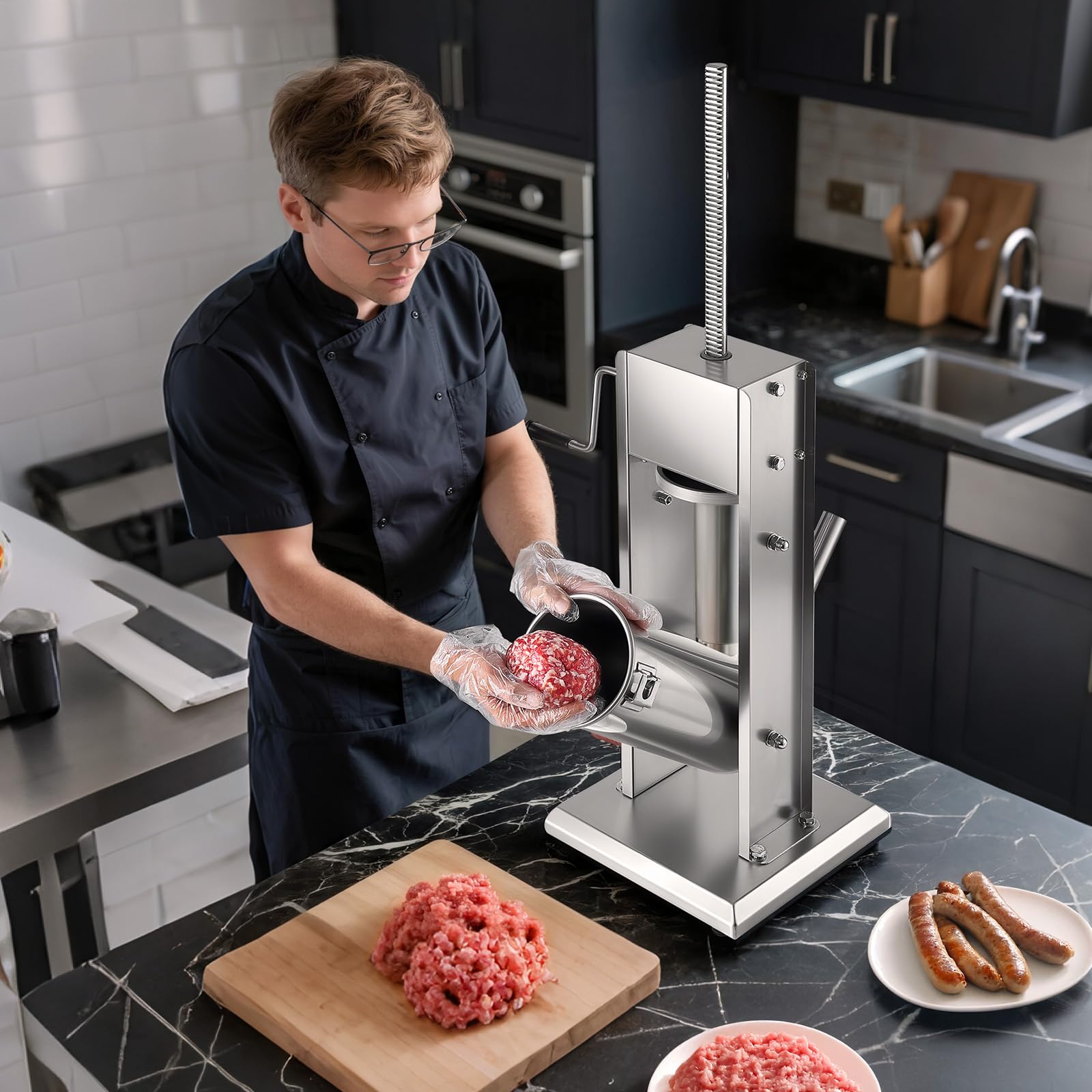 VEVOR Embutidora Manual de Salchichas de 5 L, Máquina de Llenado Vertical de Carne con 2 Velocidades de Rápida/Lenta, Acero Inoxidable Resistente, con 5 Tubos de Embutido, 490 x 300 x 660 mm