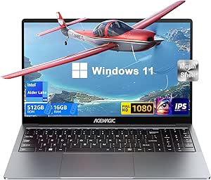 ACEMAGIC Laptop Computer, 16GB DDR4 512GB SSD, 15.6 Inch Windows 11 Laptop with Intel Quad-Core N95(Up to 3.4GHz), Metal Shell, BT5.0, 5G WiFi, USB3.2, Type_C, Webcam, 38Wh Battery, 180 Open Angle