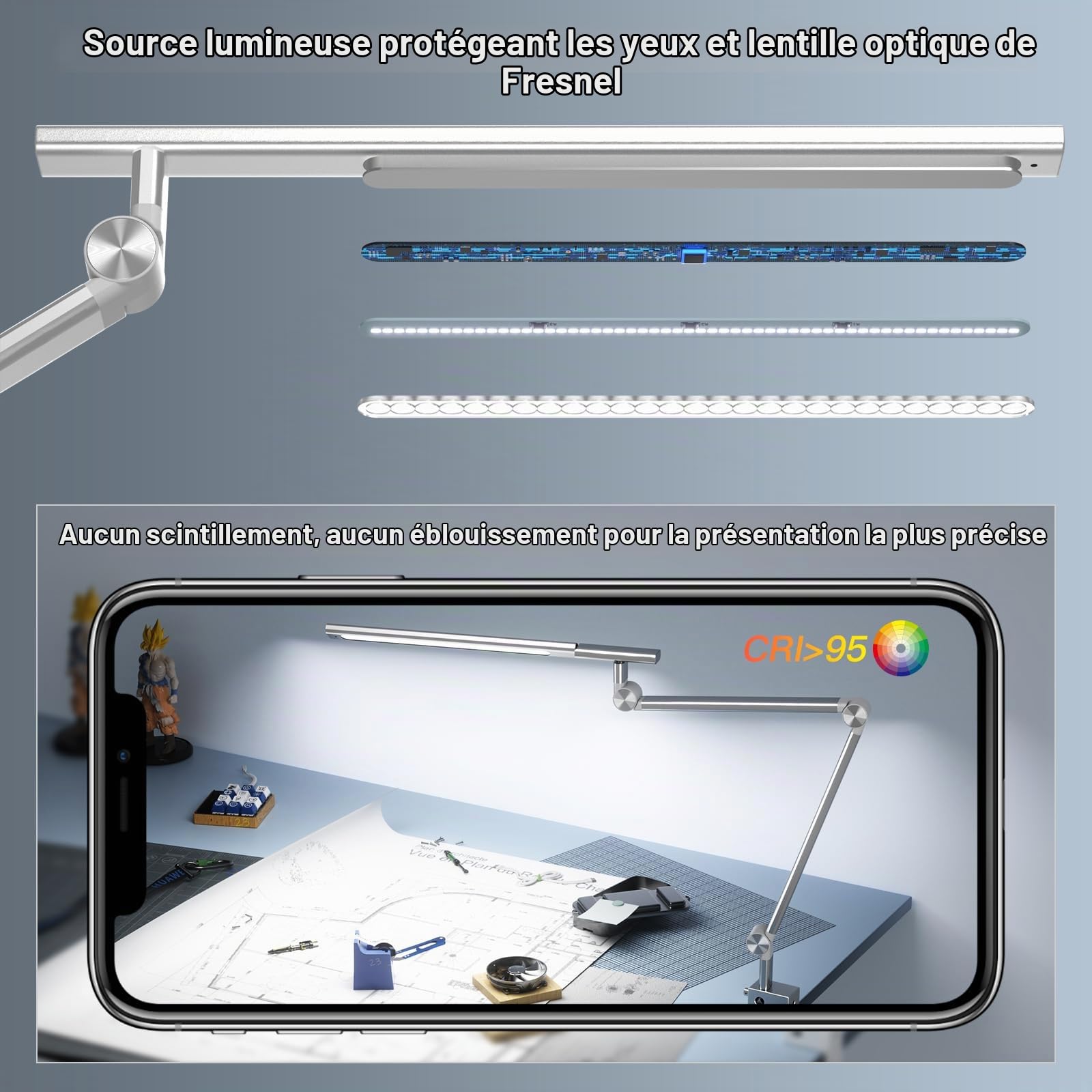 VERSKI Lampe de bureau LED, intensité variable 18 W, lampe de bureau pour la maison, le bureau, protection des yeux, lampe de lumière du jour, 5 températures de couleur et luminosité réglables