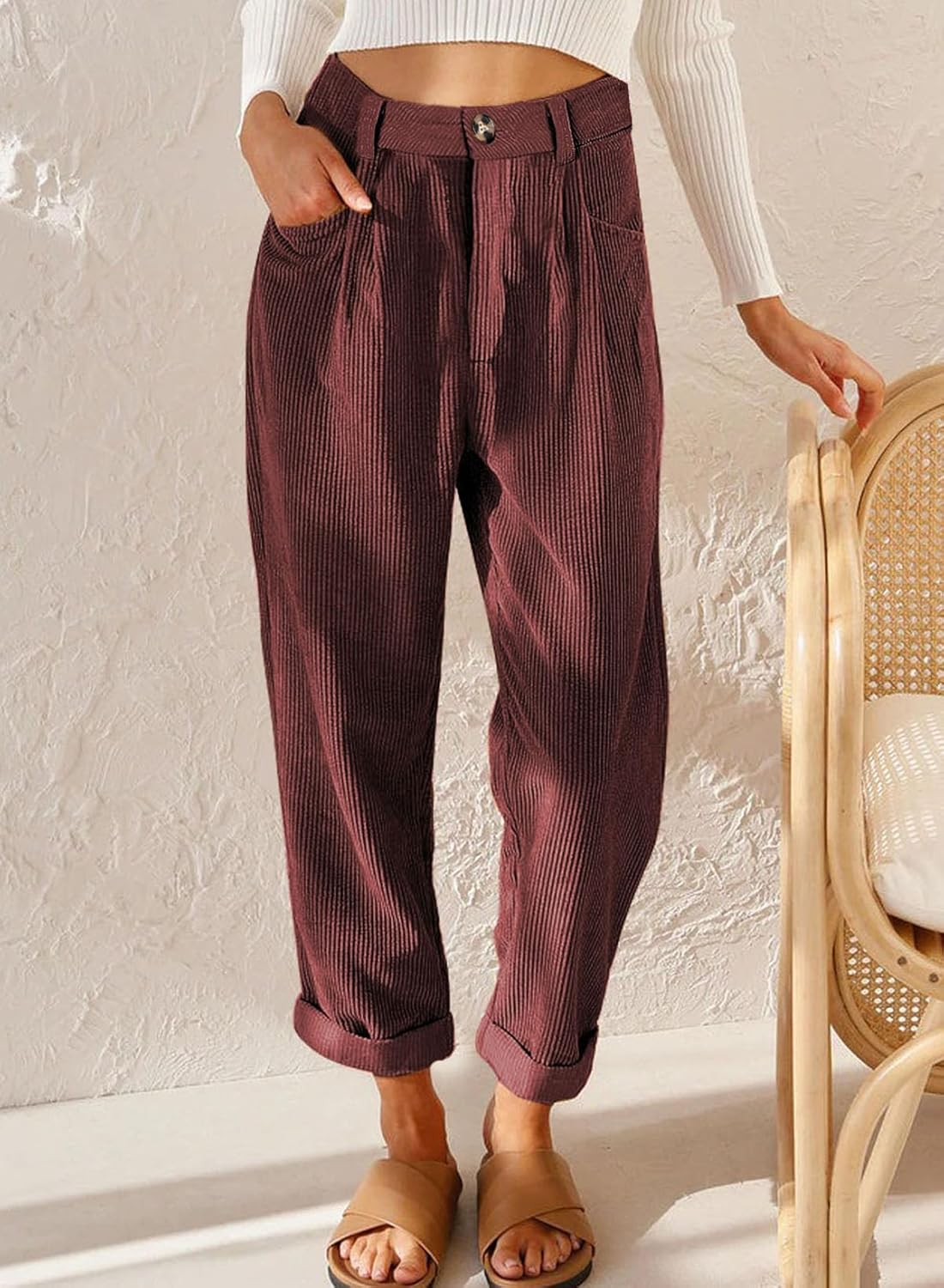 EVALESS Corduroy Pants for Women Casual Elastic High Waisted Straight Leg Baggy Pants Loose Comfy Trousers with Pockets - Image 4