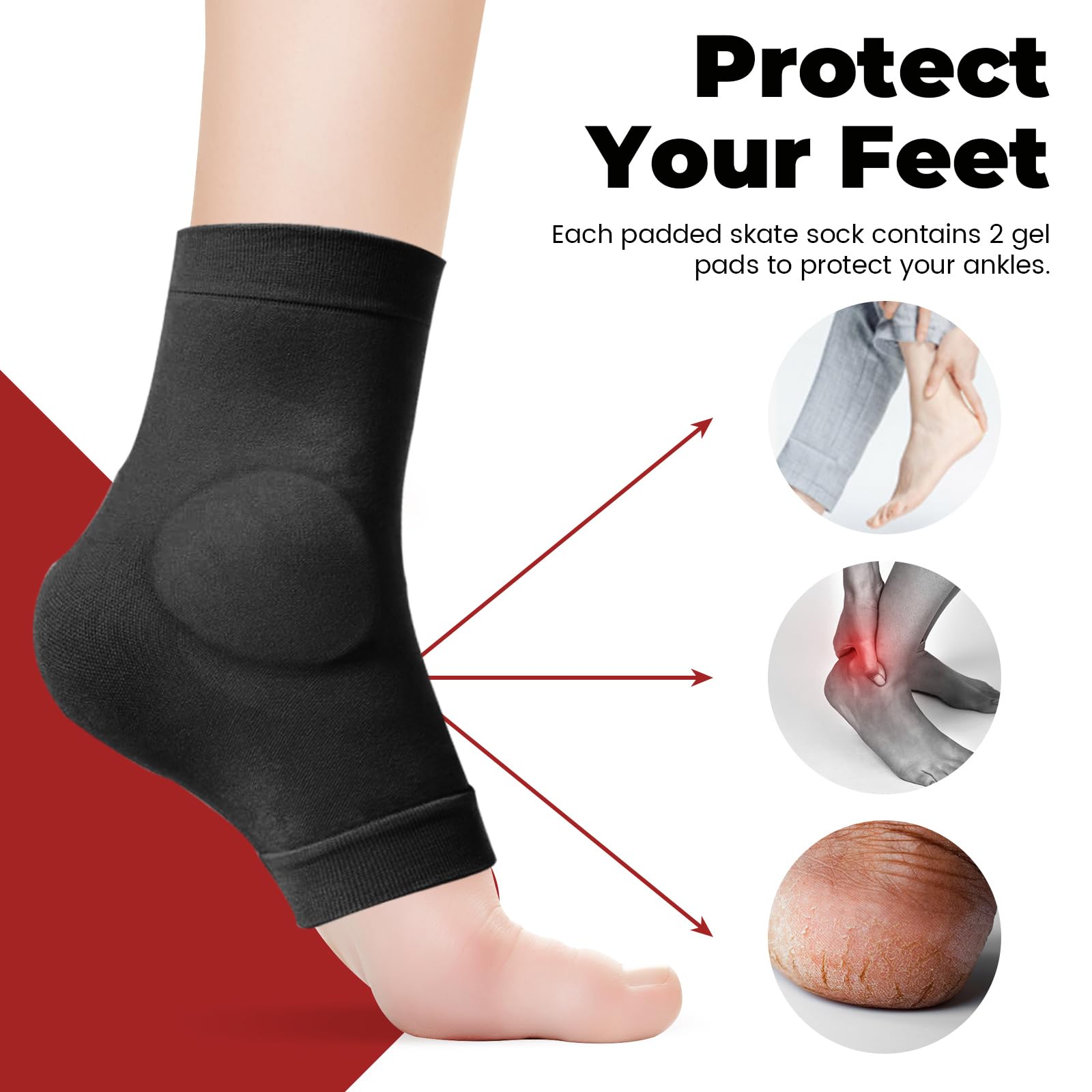 Calcetines protectores de talón con almohadilla de gel, acolchado para tendón de Aquiles, patinaje artístico, 2 pares, negro