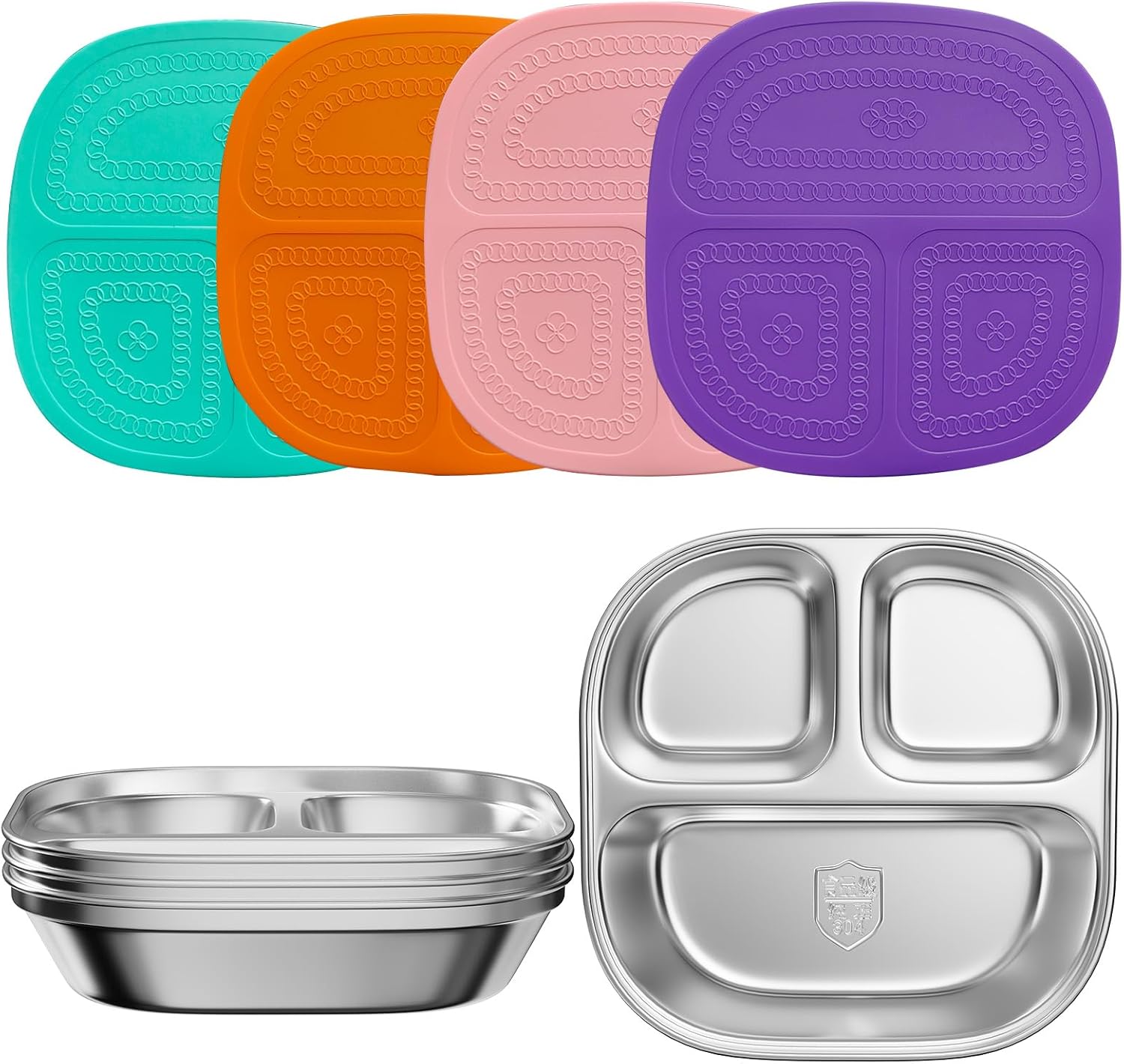 Set of 4 Snack Containers,Stainless Steel Kids Plates,Stainless Steel Toddler Plate with Silicone Lids- Reusable Meal Prep Lunch Containers for Kids Non Toxic & 100% BPA Free