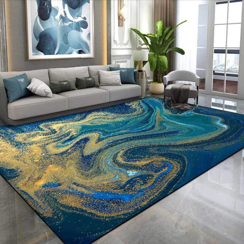 Modern Art Abstract Area Rug Marble Luxury Decor Carpet for Farmhouse Bedroom Large Living Room Courtyard Kitchen Runner Mat Non Slip Bathroom Rugs Indoor Outdoor Doormat 1.3' X 2'/Blue