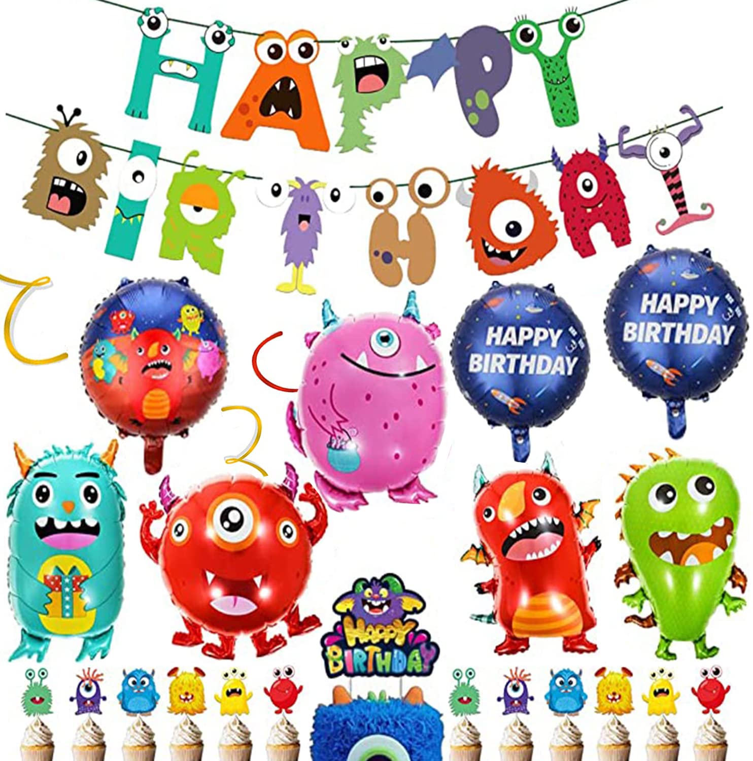 yingyan Monster Party Birthday Decorations Monster Cake Decorations Includes Monster Foil Balloons Monster Happy Birthday Banner Cake Toppers for Kids