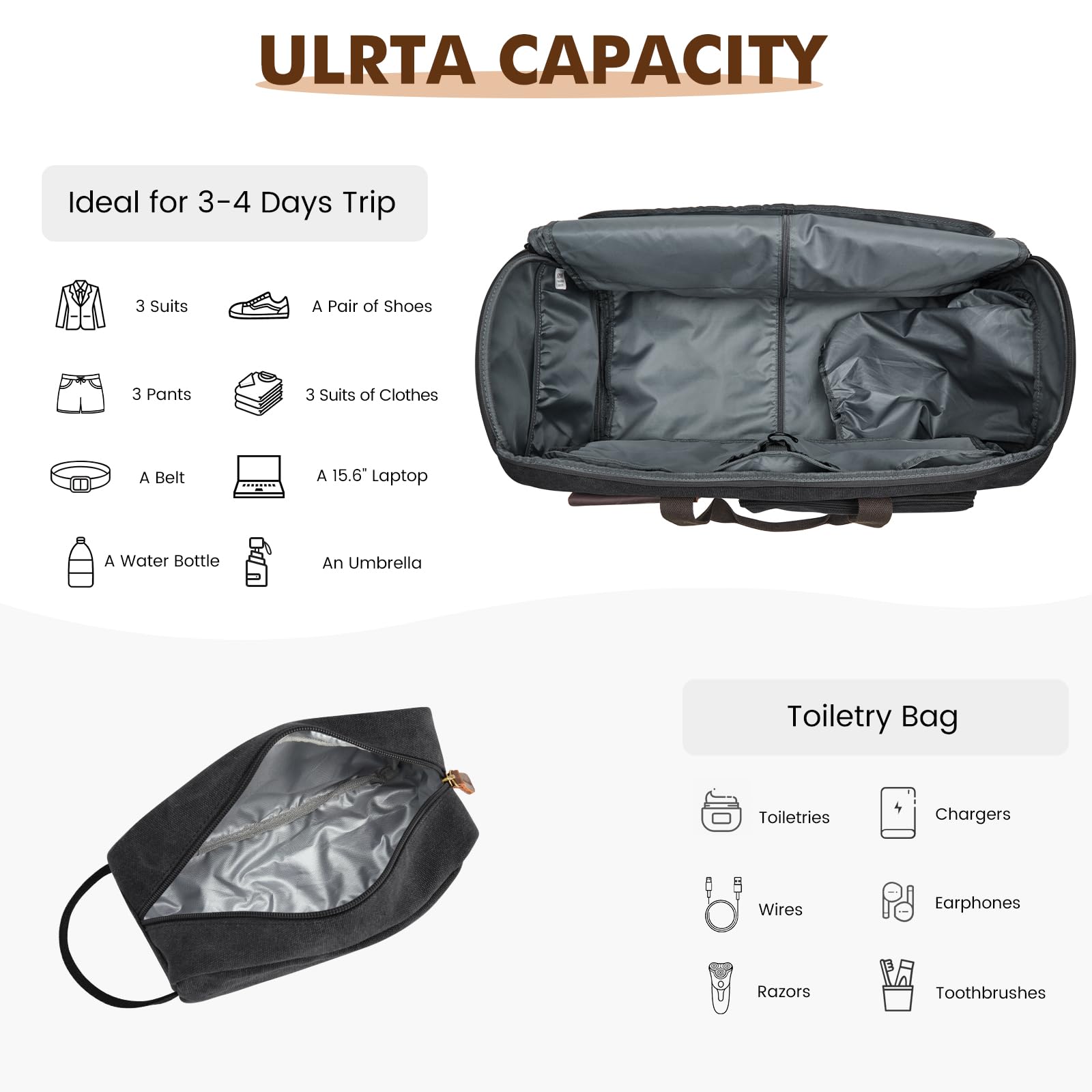 S-Zone Bolsa de ropa 3 en 1, 60 l, unisex, de lona, con neceser, para viajes, escapadas, viajes de negocios, almacenamiento