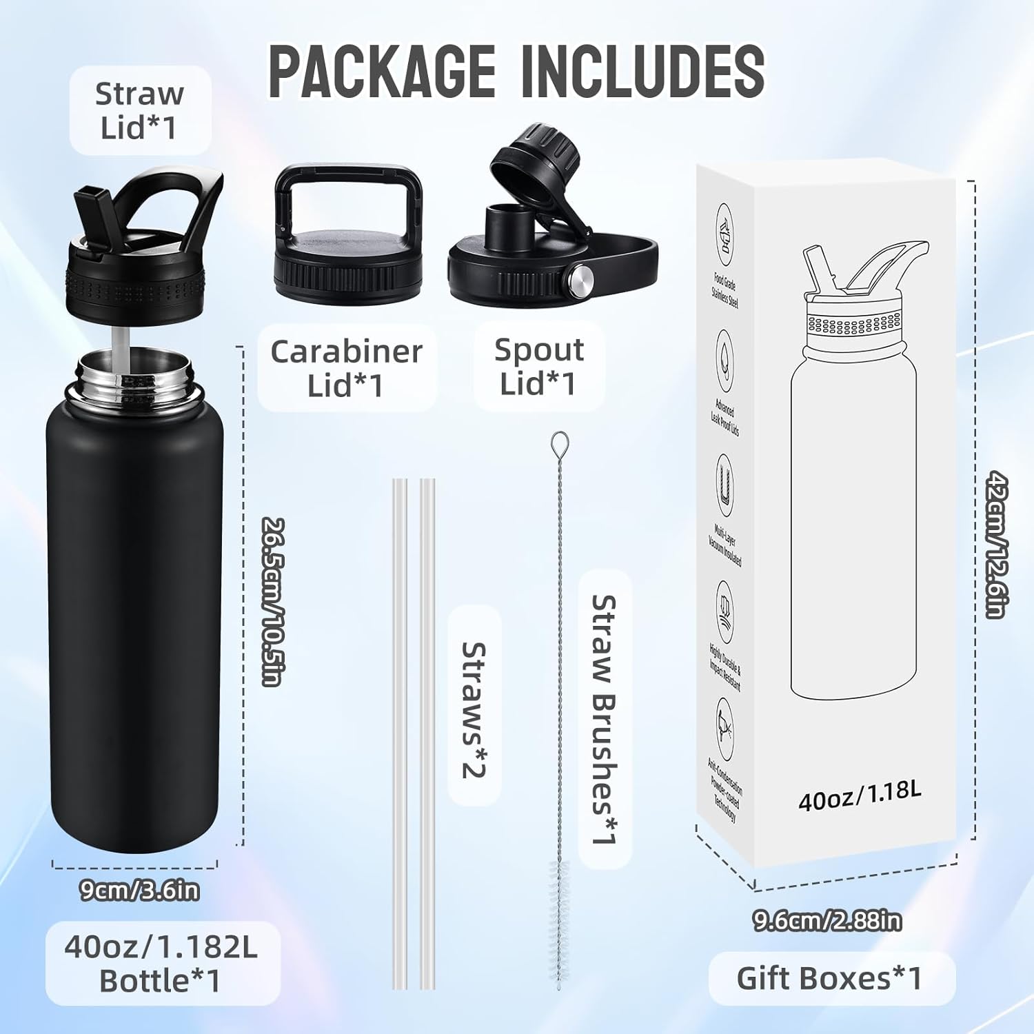 Insulated Water Bottles with Straw 40 oz Leak Proof, Vacuum Insulated Stainless Steel Sport Tumbler with 3 Lids Straw, Spout and Handle Lid for Sports, Gym or Office,Black - Image 6