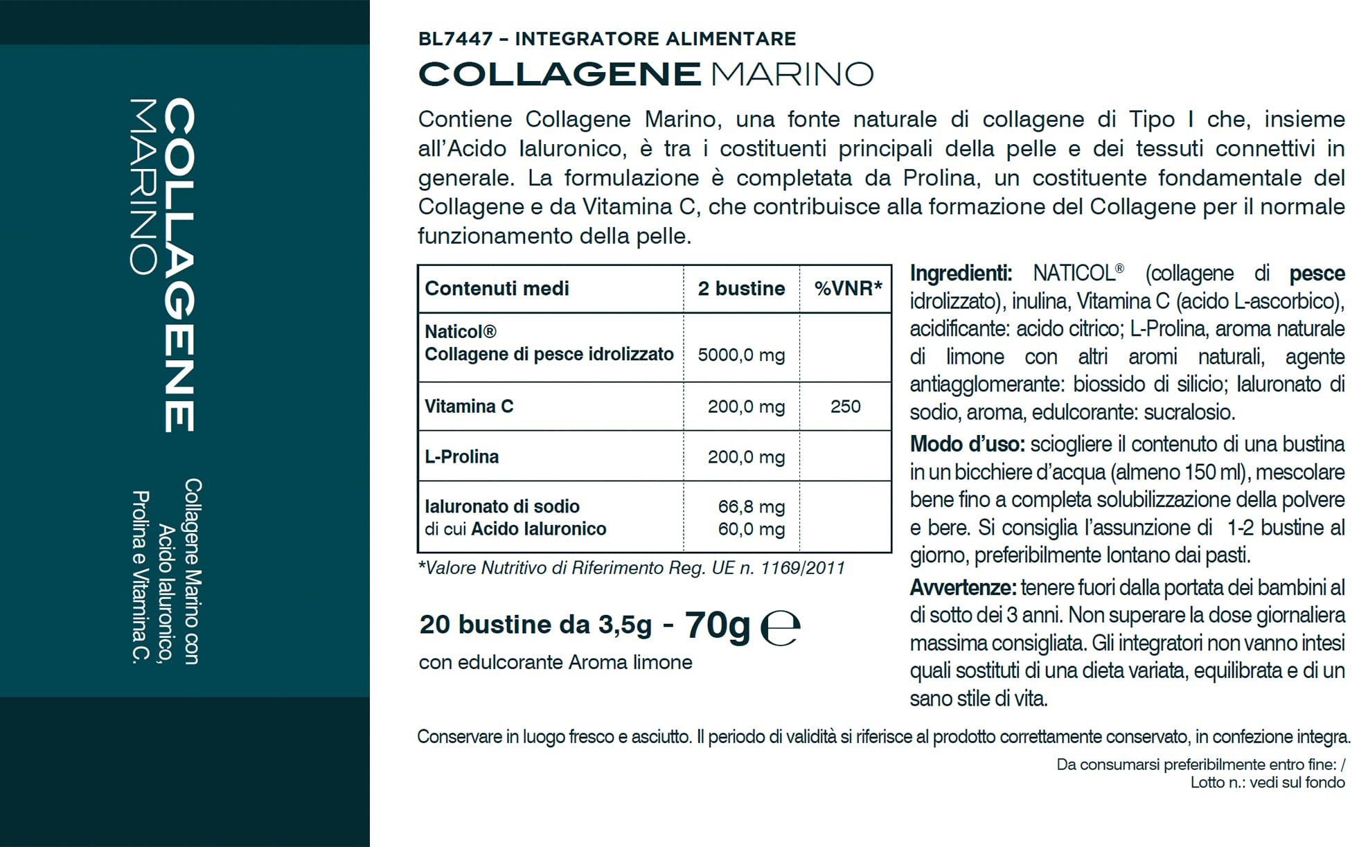 BIOS LINE, Principium Collagene Marino, Integratore Alimentare per l'Elasticità della Pelle, Integratore Pelle Viso; Attenua le Rughe, 20 Buste da 3,5g