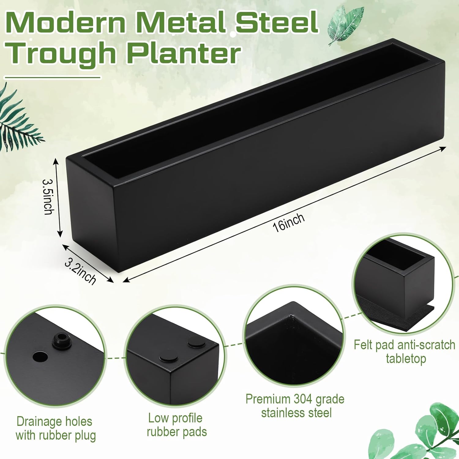 FillTouch 1 Pcs Long Rectangular Planter Box Window Sill Plant Box Metal Water Trough Indoor Large Modern Steel with Drainage Holes Herb Garden Home (16.1 x 3.2 x 3.5 Inch,Black)