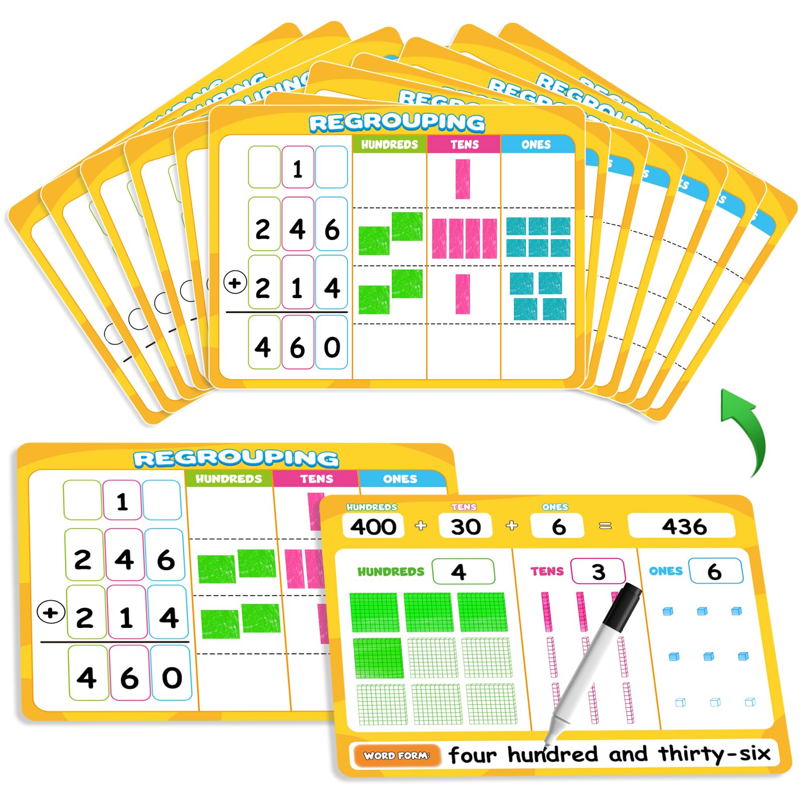 12 Packs Dry Erase Place Value Chart, Math Games for Kids Addition and Subtraction Flash Cards, White Board Math...