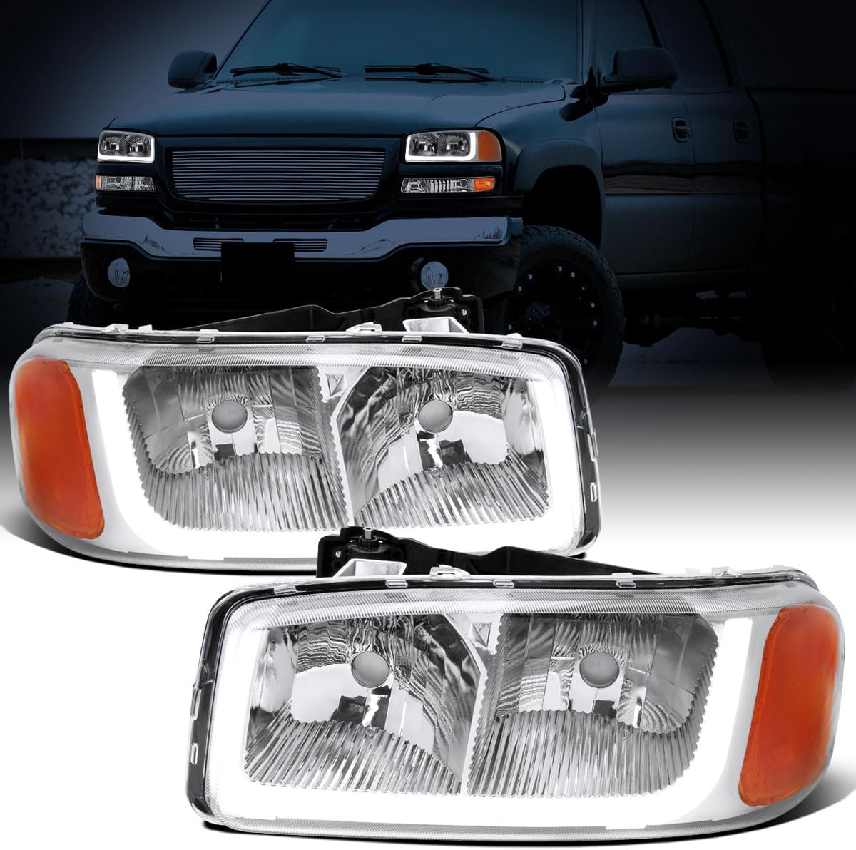 Ronnin - Fits 1999-2007 GMC Sierra 1500 2500 3500 Upgraded Replacement LED Tube Running Lights Headlights Assembly Pair | Black
