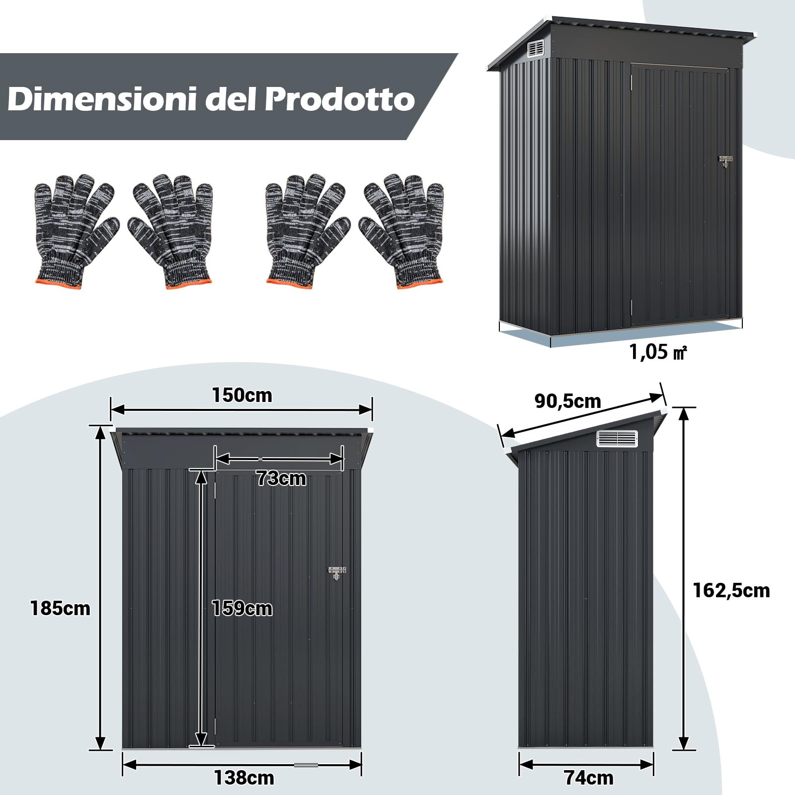 RELAX4LIFE Casetta da Giardino per Attrezzi,150x88x185 cm in Lamiera d'Acciaio e e Lamiera Zincata con Doppie Porte, Tetto Inclinato, per Porta Attrezzi, Tosaerba, 2 Paia di Guanti (GRIGIO 2)