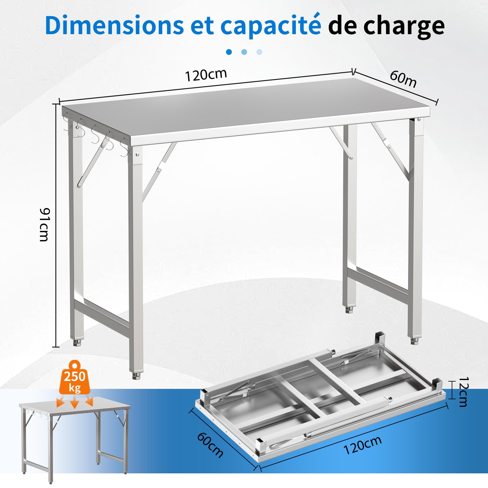 TLSUNNY Table de Travail Cuisine Pliante Acier Inoxydable 120x60cm, Établi de Restauration en Inox avec 5 Crochets, Pied Réglables, Charge 250kg,Table de Préparation Alimentaire pour Restaurant Jardin