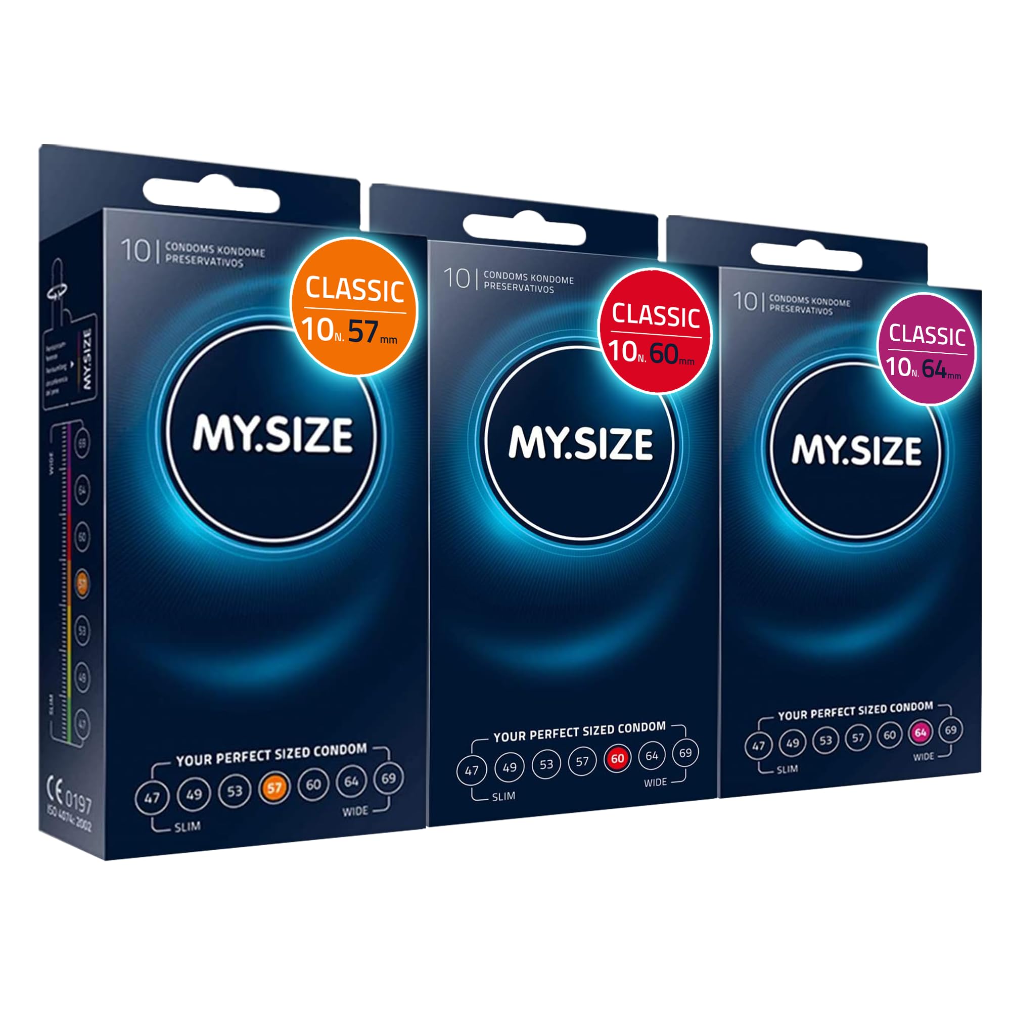 MY.SIZE Preservativi classici confezione standard da 10 | 57, 60, 64 mm di larghezza | 3x10 pezzi preservativi premium extra sottili | preservativi fedeli al tatto | 0,07 mm di spessore delle pareti