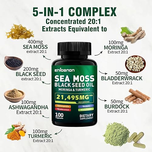 Miniatura 2 de Cápsulas de musgo marino con vejiga y bardana, suministro para 50 días, potente fórmula con aceite de semilla negra, Ashwagandha, cúrcuma, vitamina