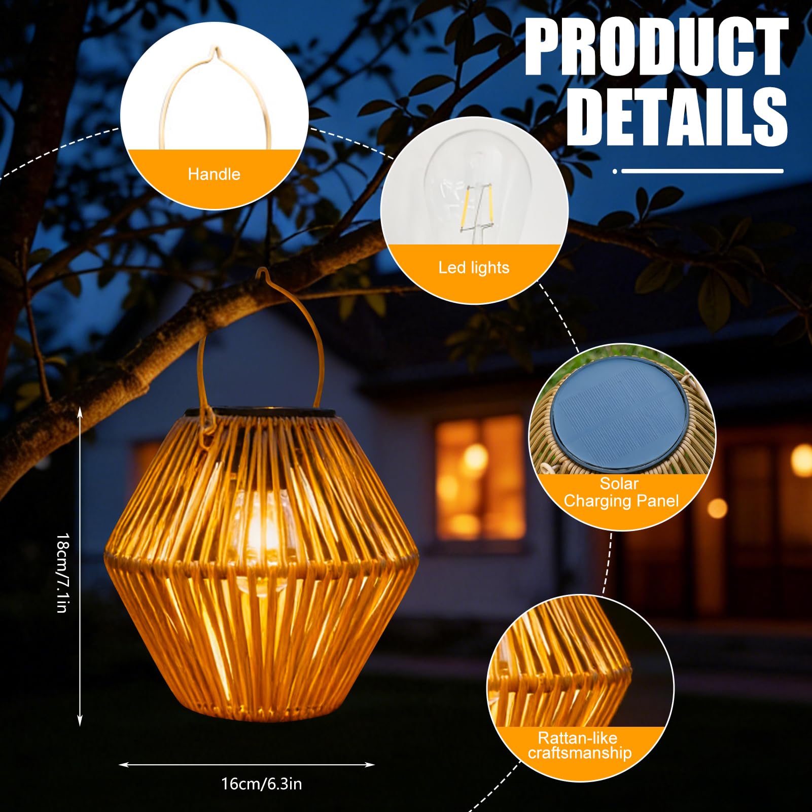 Solarlampen für Außen Garten Hängend, IP65 Wasserdicht Metall Rattan Solar Laternen für Draußen mit Helle LED Glühbirne, Solarlaterne Solarleuchten Gartendeko für Patio Terrasse Balkon Deko Wetterfest