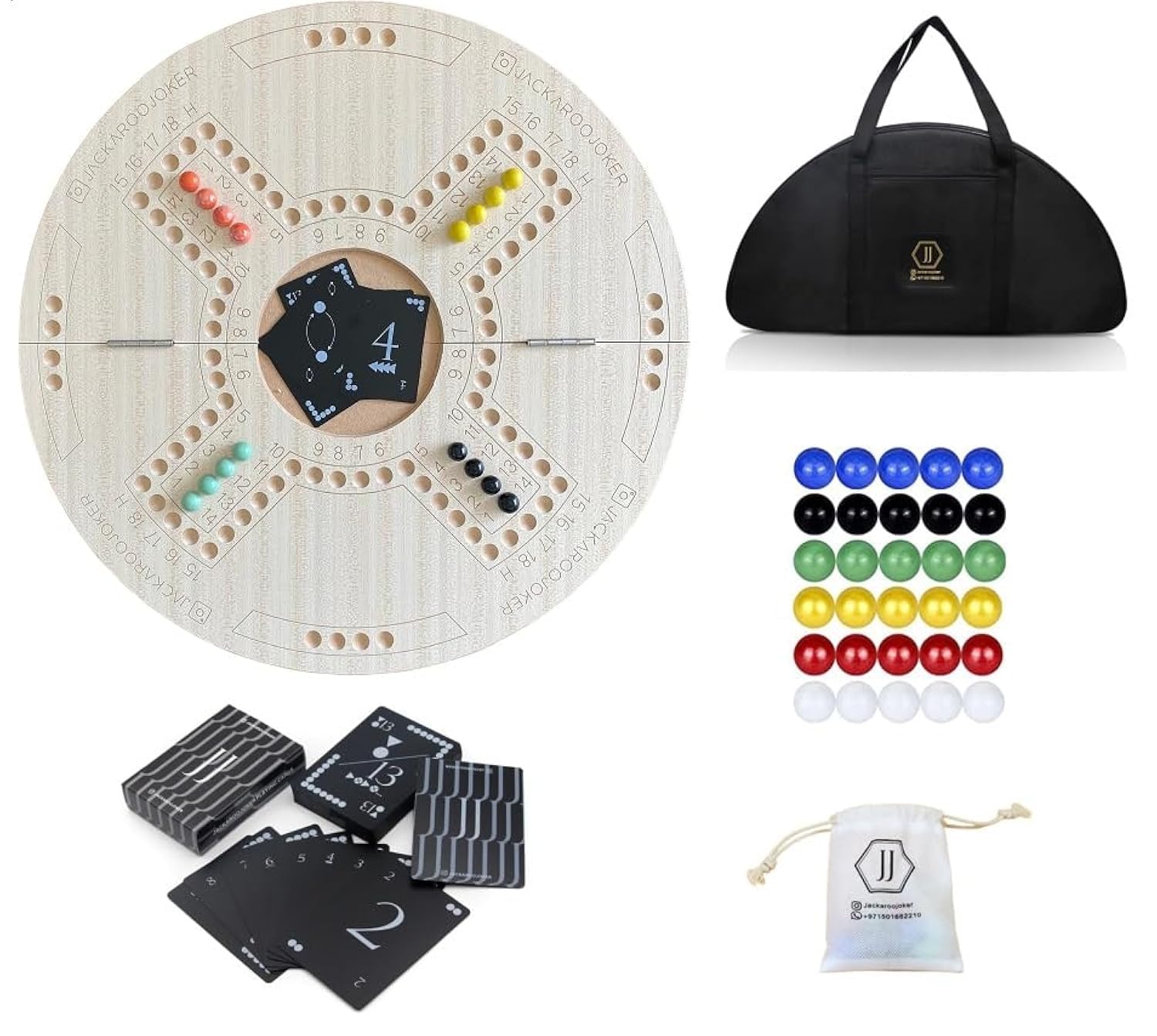 Jakaroo Wooden Board Game for 4 Players, Beige, Foldable, with Black Cards and Marbles, Bag Included