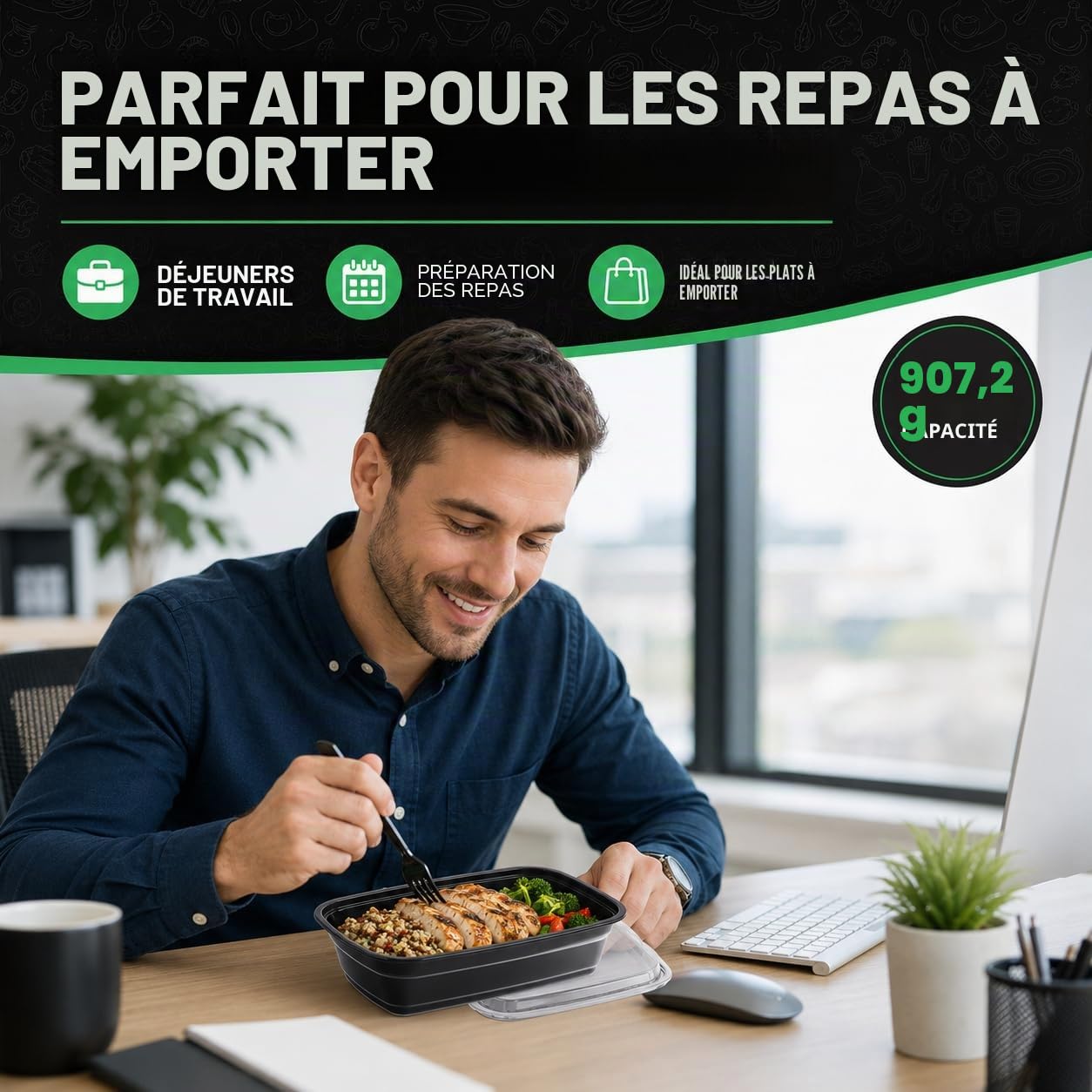 WUHUIXOZ Lot de 50 boîtes à repas de 946 ml avec couvercles, boîtes à bento jetables en plastique réutilisables, sans BPA, passent au micro-ondes, au lave-vaisselle et au congélateur