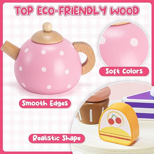Miniatura 4 de Atoylink Juego de té de madera para niñas pequeñas, juguetes para niños, juego de té para niños pequeños, juego de té con comida y soporte para