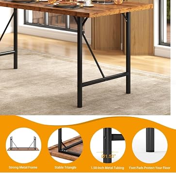 MWOOD 71 Inch Dining Table for 8 People, Farmhouse Kitchen Table with Strong Metal Frame, Industrial Large Long Dining Room Table Rectangle Rustic Wood Dining Table with Round Metal Leg