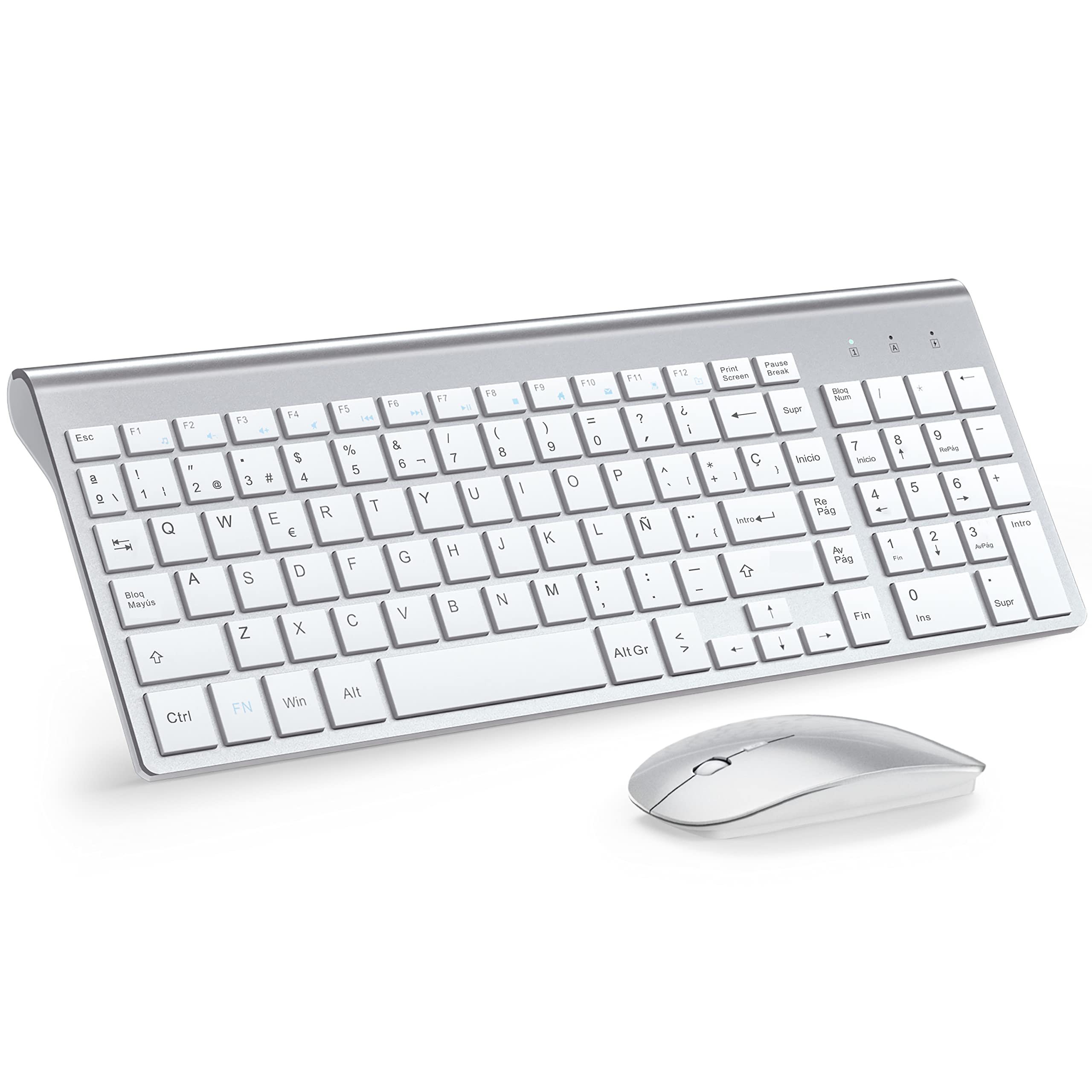 TopMate Pack Teclado y Raton 2400DPI, Inalámbricos Ultra Delgado, 2.4G Compacto Silencioso Teclado de Tamaño Completo con Cubierta, 2 Pilas AA y AAA, para PC/Laptop/Windows-Blanco Plateado
