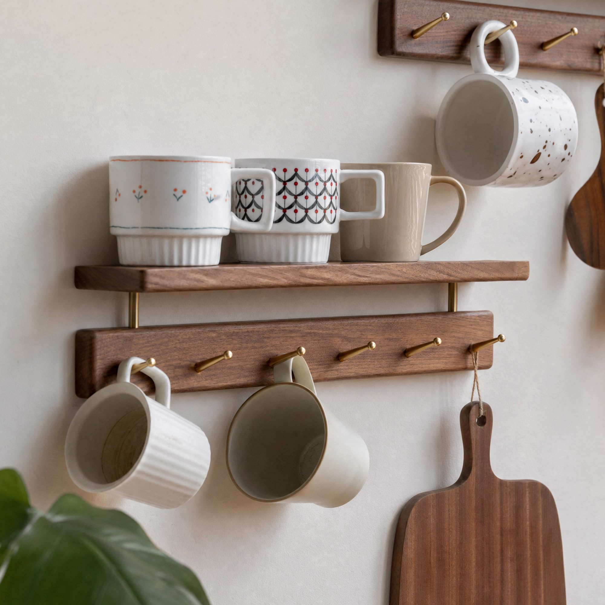wall mounted coat rack in solid walnut, 6 brass hooks, wall mounted coat rack for clothes, hats, towels, natural walnut