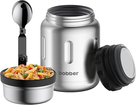 BOBBER 24 oz Insulated Stainless Steel Thermo for Hot Food with Extra-Wide Mouth, Built-in Spoon and Bowl Keeps Food Hot for 14 Hours and Cold for 20 Hours Matte