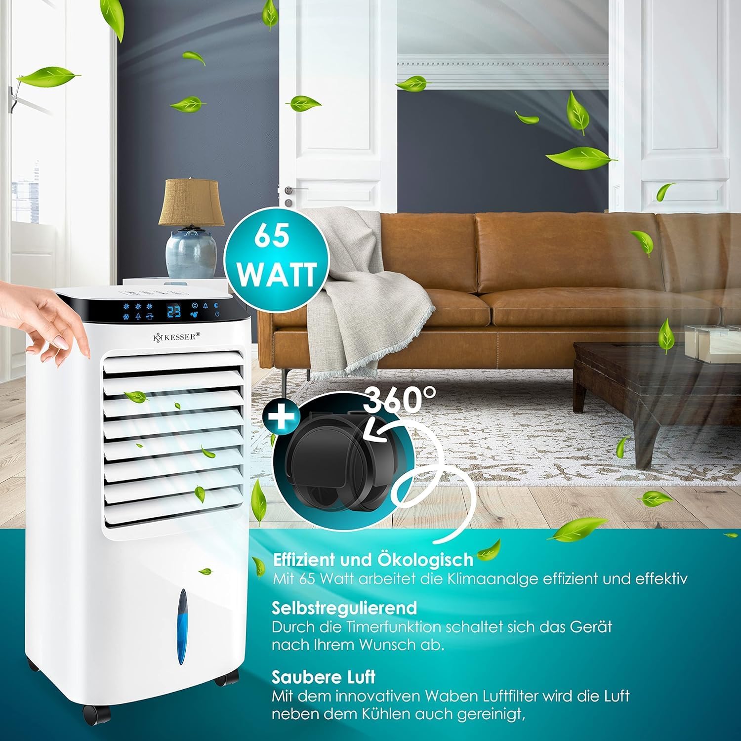 KESSER® Mobile Klimaanlage 4in1 Luftkühler – Air Cooler mit Fernbedienung & Timer, 10L Wassertank, Ionisator & Luftbefeuchter, Ventilator Klimagerät ohne Abluftschlauch, 3 Stufen inkl. Kühlakkus