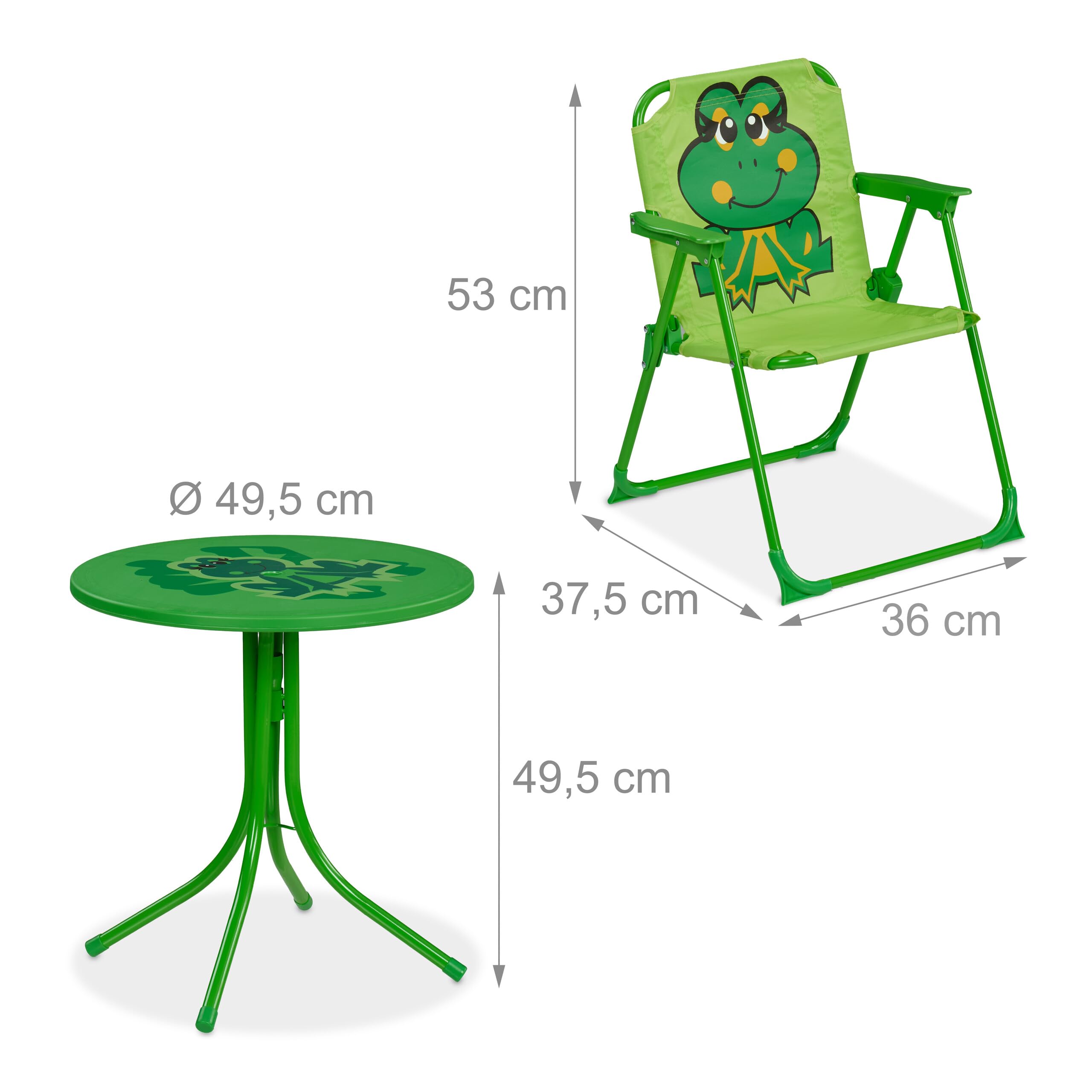 Relaxdays Tavolo Bambini con Ombrellone, Set 2 con Sedie, da Campeggio e Giardino, Tavolino Picnic, Design Rana, Verde