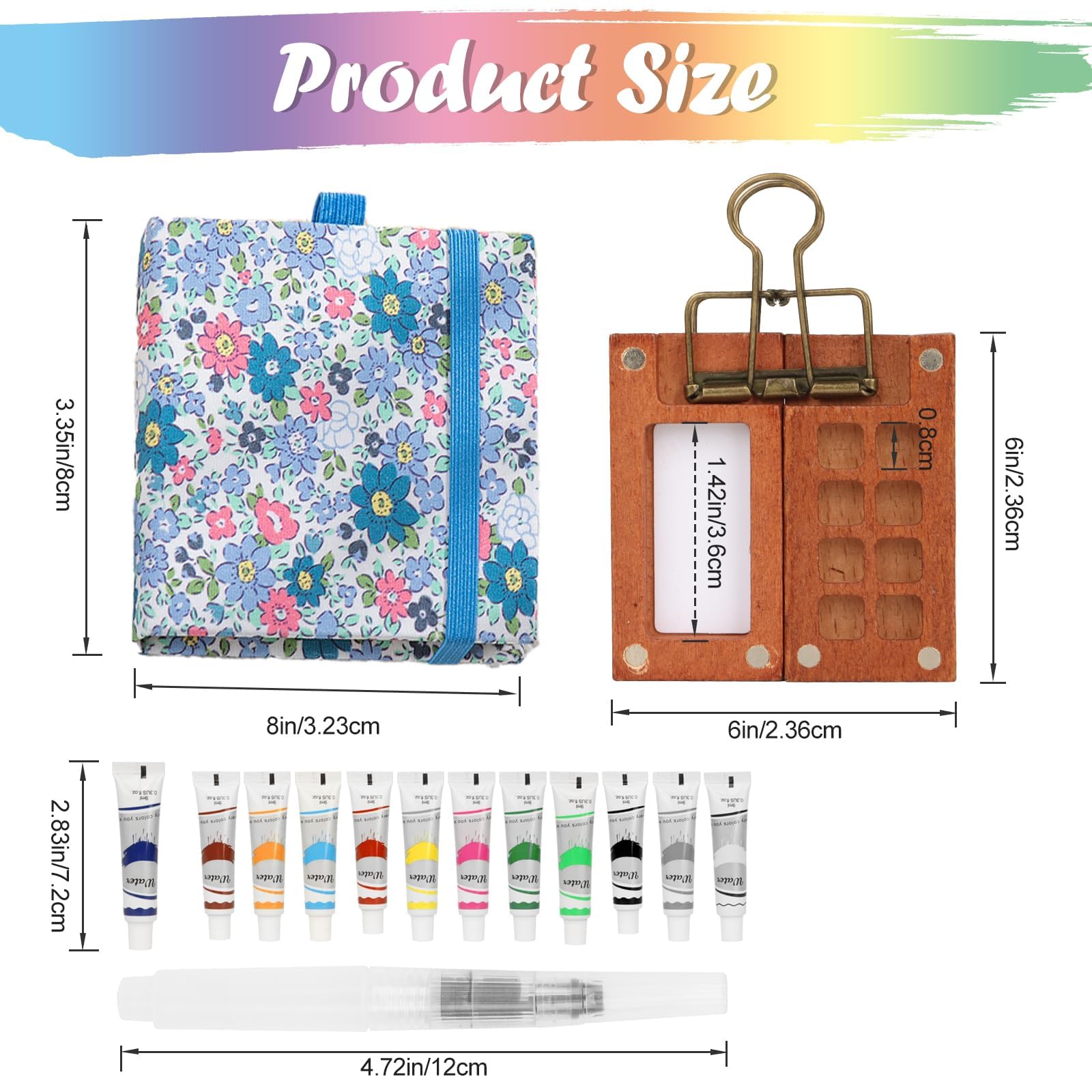 Mini Set de Acuarelas con Cuaderno y Pintura, Paquete Completo Acuarela 12 Colores Paleta Madera mini juego viaje papel acuarela, bolígrafos, clip, 8 cuadrículas para pintores, (Azul)