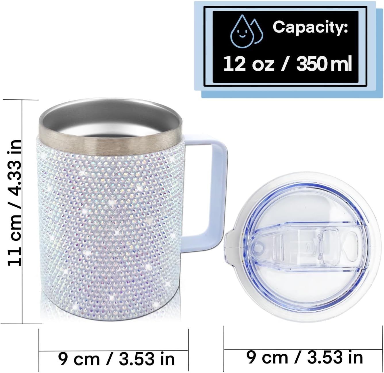 12oz Bling Travel Coffee Mug with Handle and Lid Rhinestone Insulated Coffee Mug Stainless Steel Vacuum Reusable Glitter Coffee Tumbler Thermal Cup for Home and Office (Pearl) - Image 4