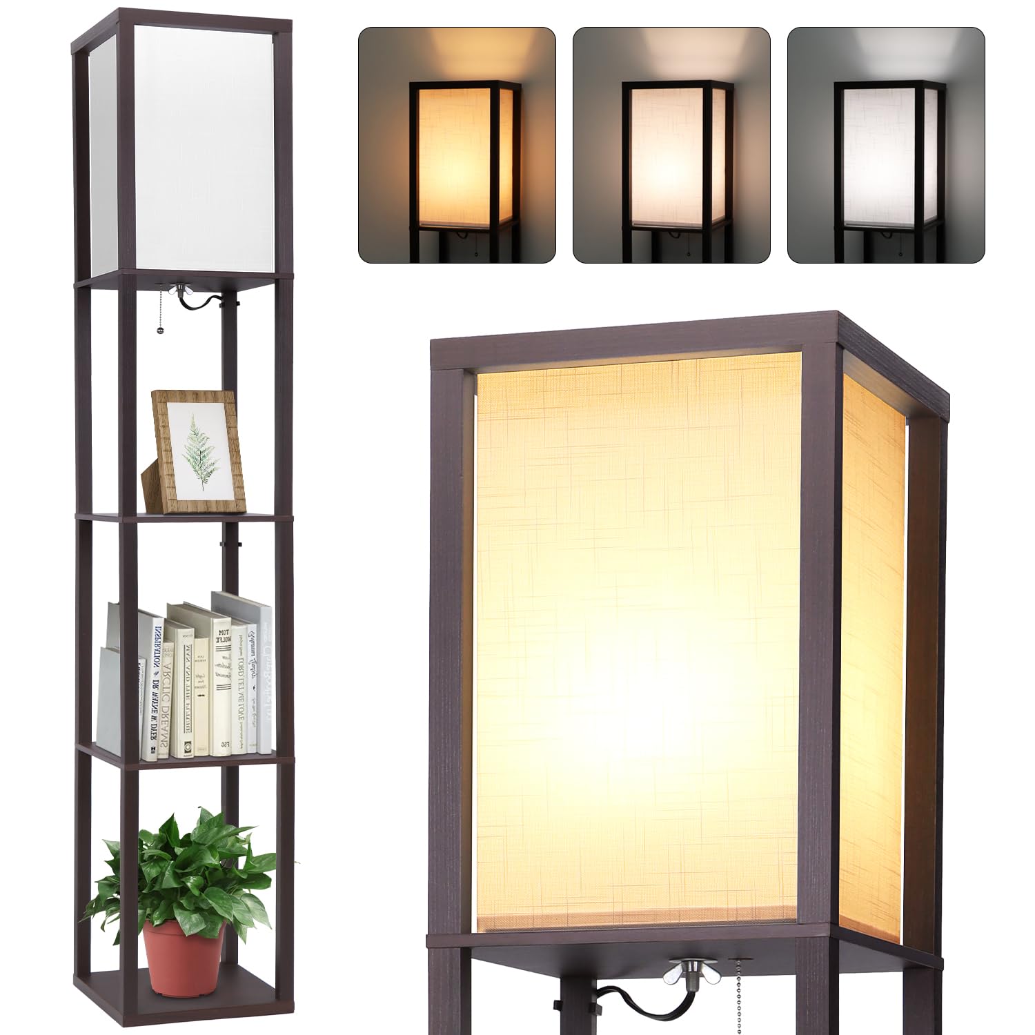 Kukobo Floor Lamp with Shelves, Shelf Floor Lamp for Living Room, Modern Standing Shelf Floor Lamp for Bedroom Office with 3 CCT LED Bulb - Walnut.
