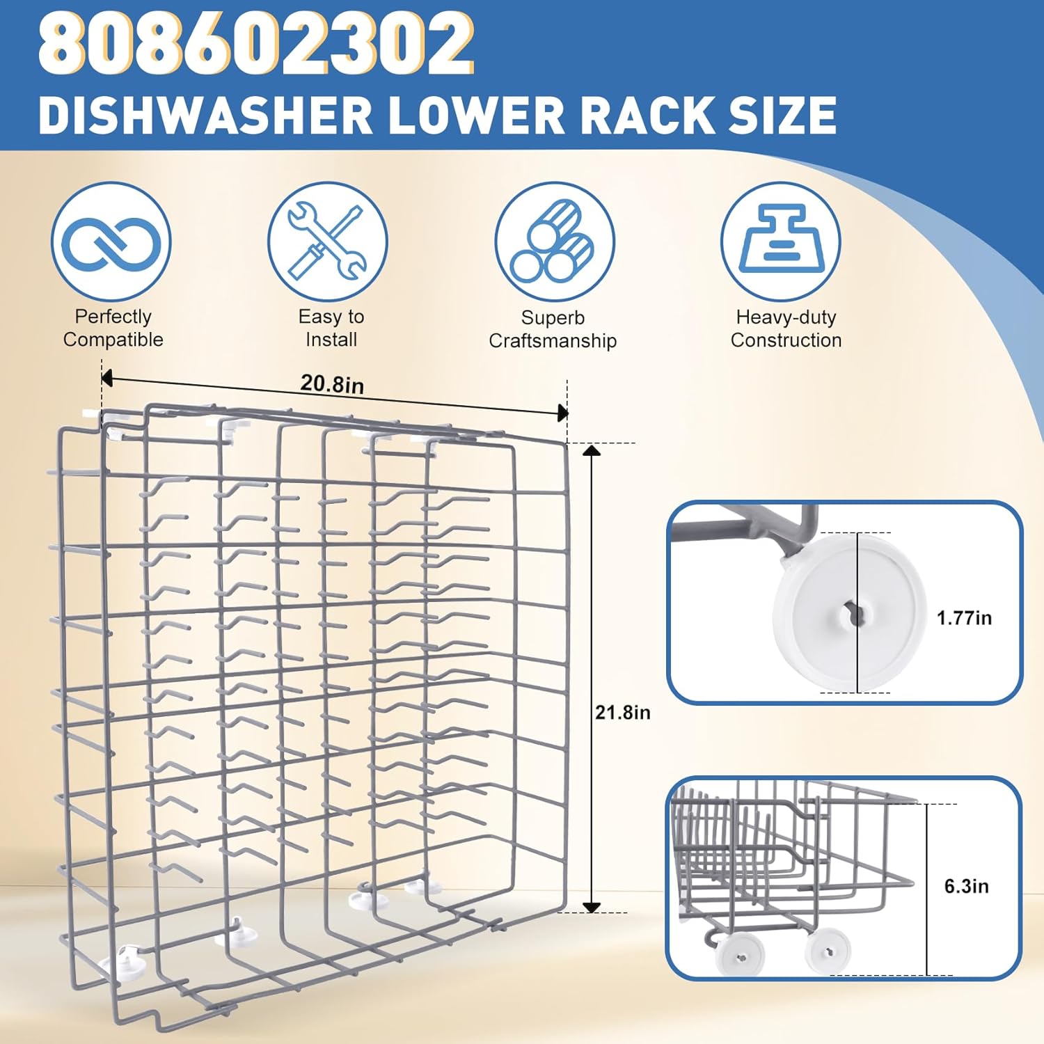 UPGRADED 808602302 Lower Dishrack Assembly Compatible with frigidaire & kenmore Dishwashers Rack,Dishwasher Lower Dishrack With 154174501 Wheels Replaces 154432602 154432601 Dishwasher Bottom Rack